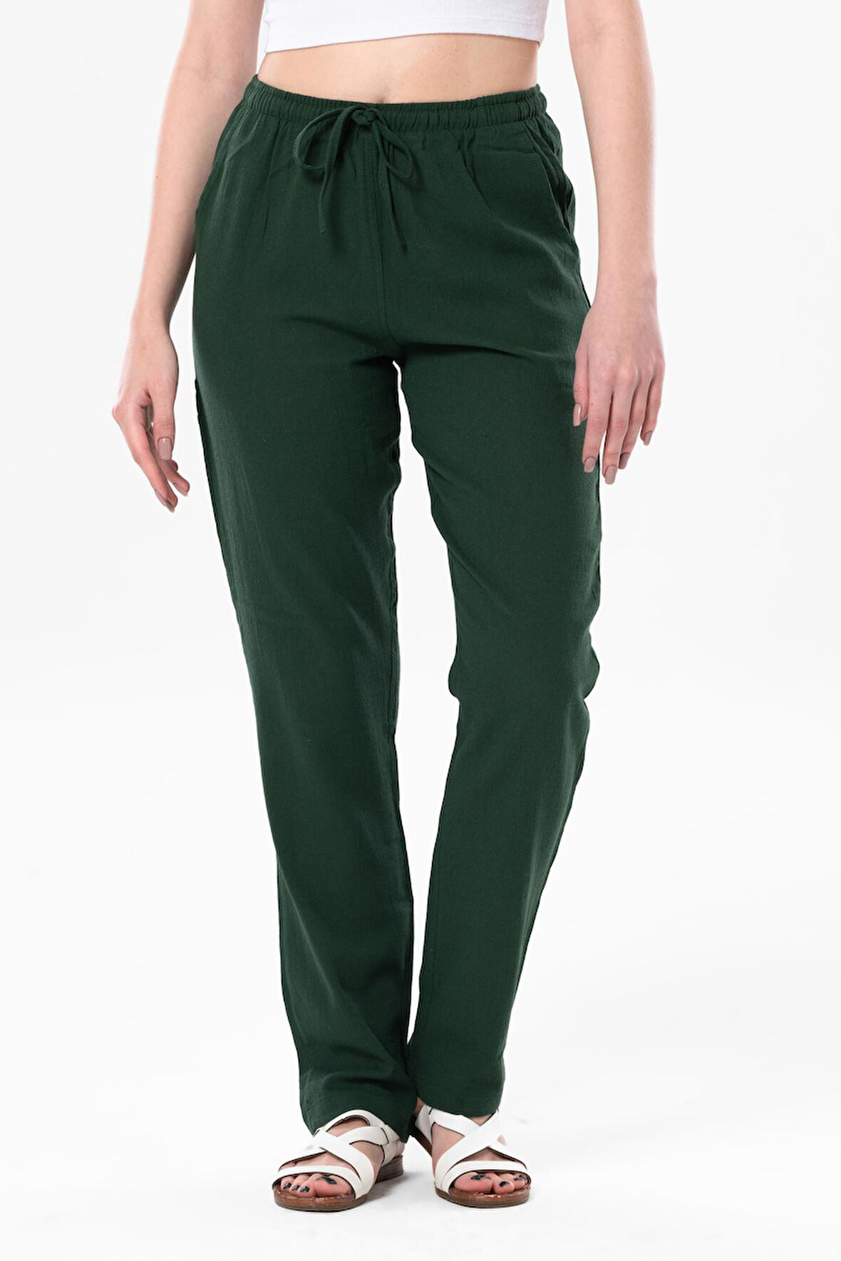 Şile Bezi Cepli Kadın Yazlık Pantolon Yeşil Ysl