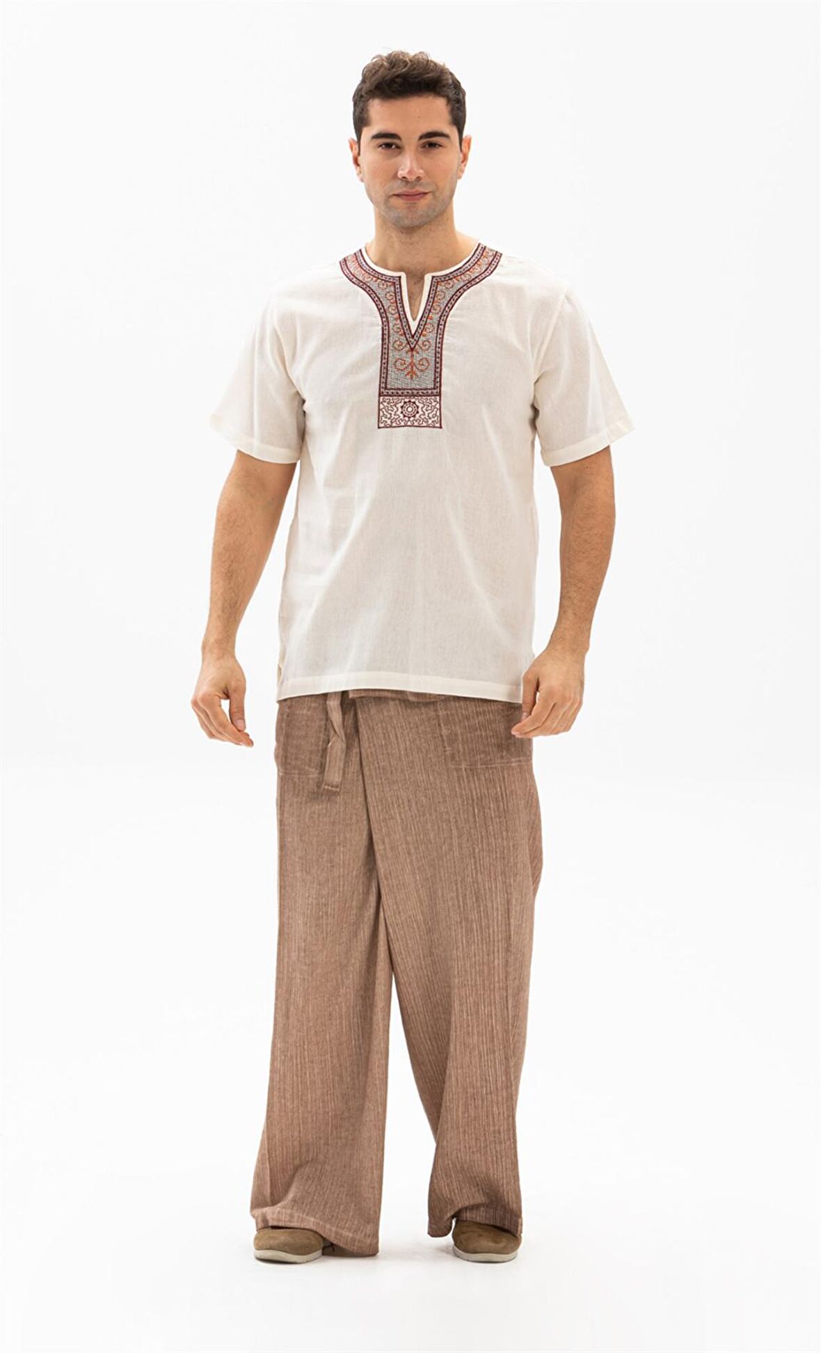 Kısa Kol Şile Bezi Bisiklet Yaka Etnik Erkek T-Shi