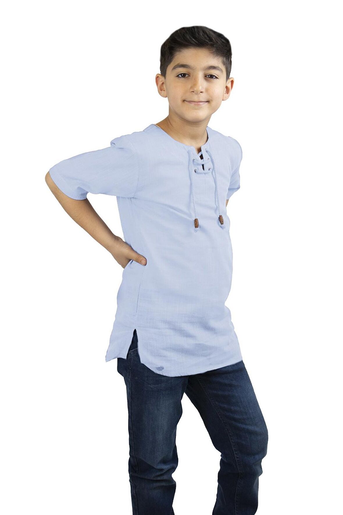 Kısa Kol Şile Bezi Zımbalı Erkek Çocuk Tshirt Buz Mavi 3027