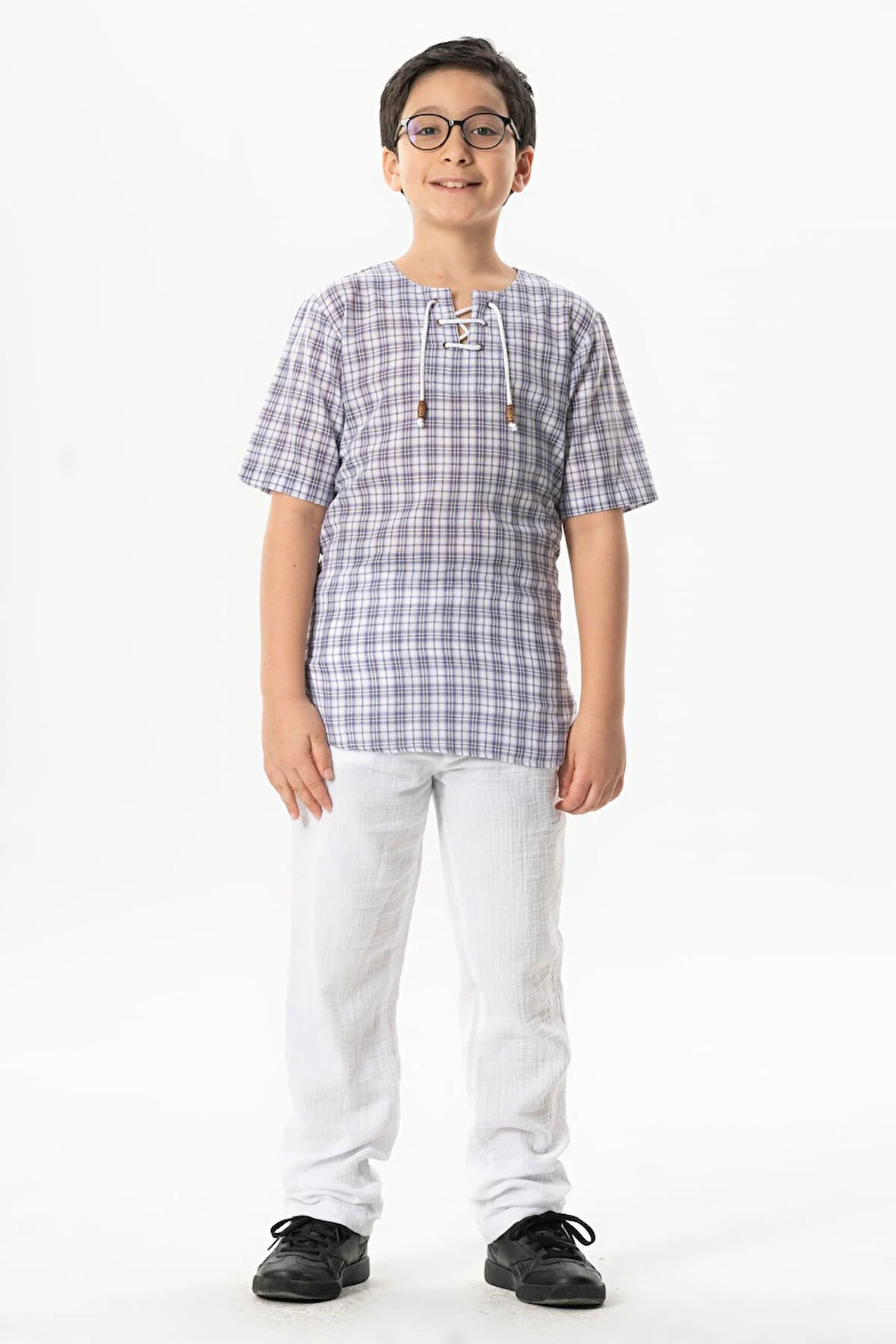 Kısa Kol Şile Bezi Zımbalı Yazlık Erkek Çocuk Tshirt Mor Kareli 3035