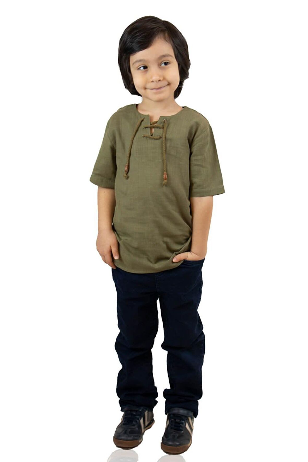 Kısa Kol Şile Bezi Zımbalı Erkek Çocuk Tshirt Haki