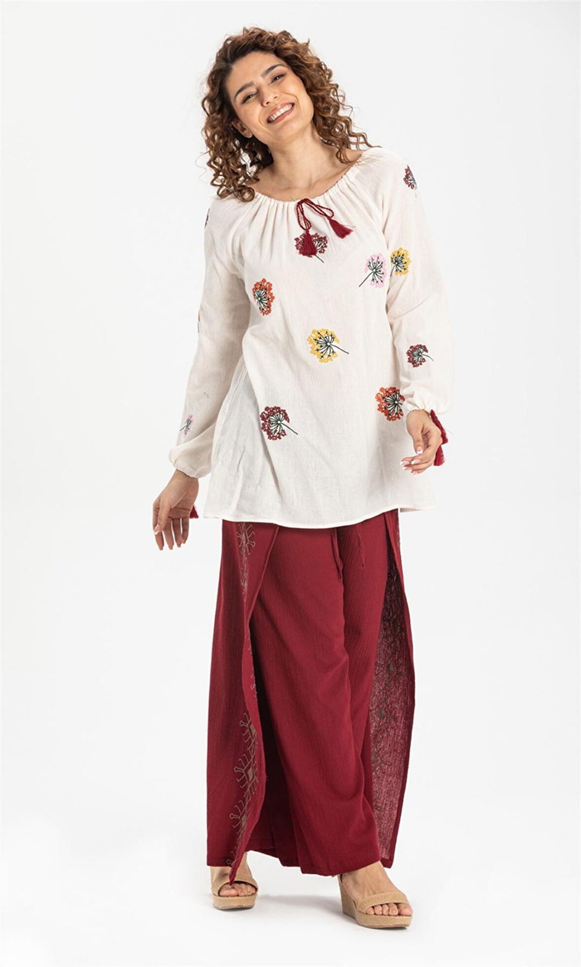 Nakışlı Şile Bezi Bilmece Pantolon Bordo Brd