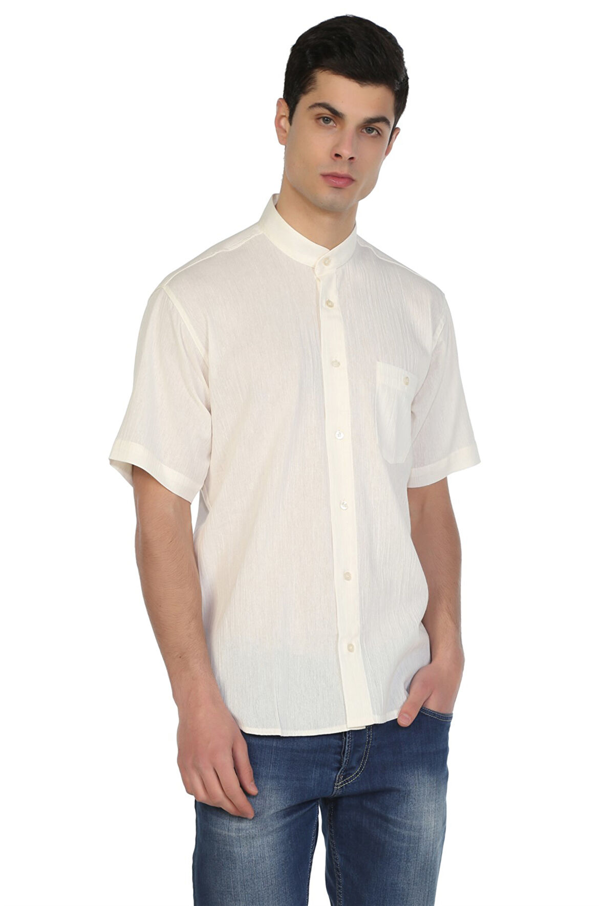 Büyük Beden Kısa Kol Şile Bezi Hakim Yaka Erkek Gömlek Krem 3002