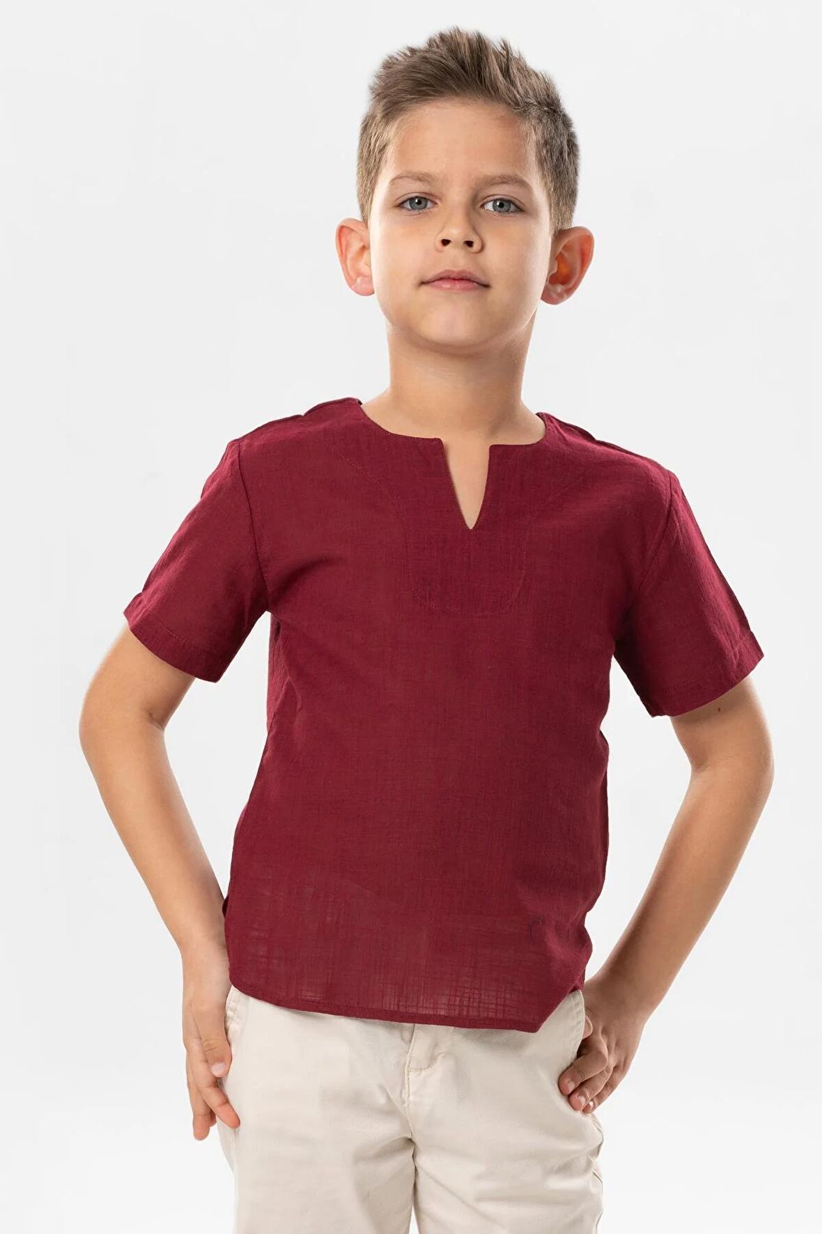 Kısa Kol Şile Bezi Bisiklet Yaka Yazlık Erkek Çocuk Tshirt Koyu Bordo 3068