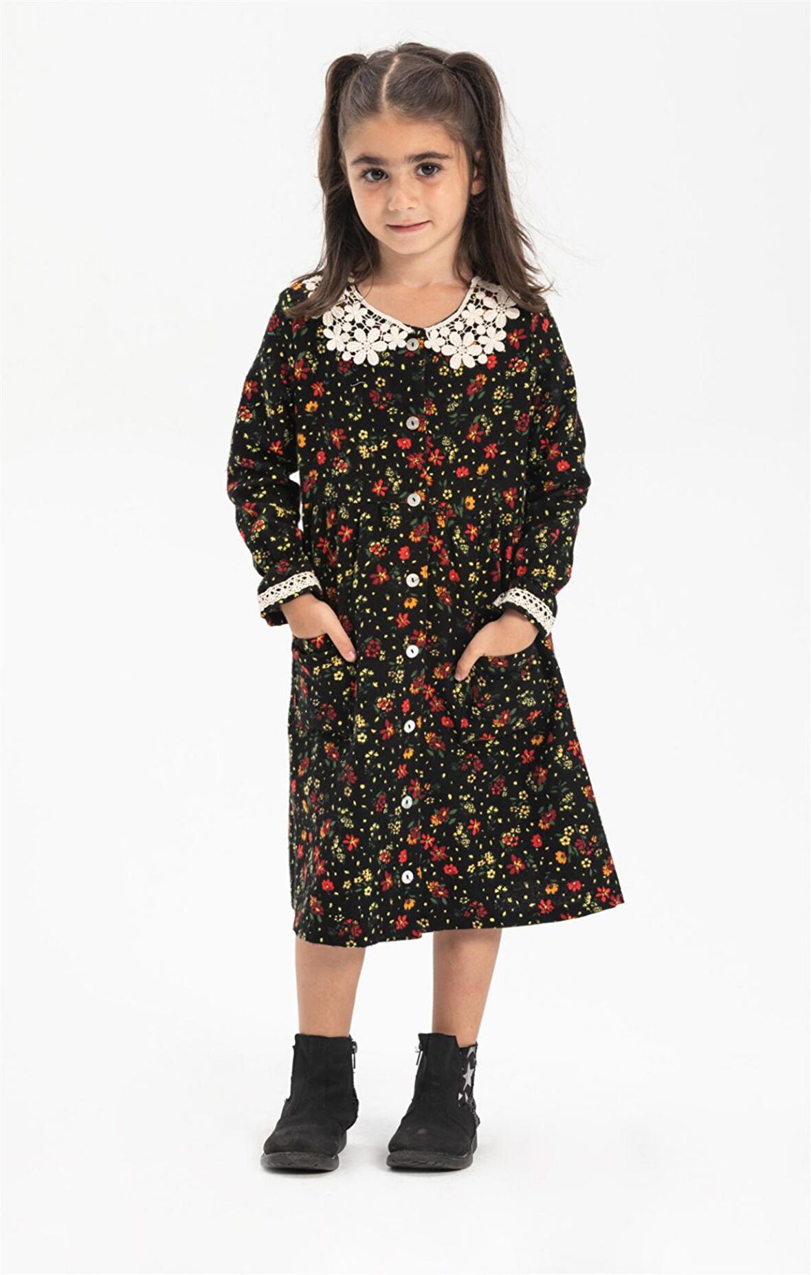 Uzun Kol Pazen Asya Yakalı Çocuk   Elbise Çiçek De