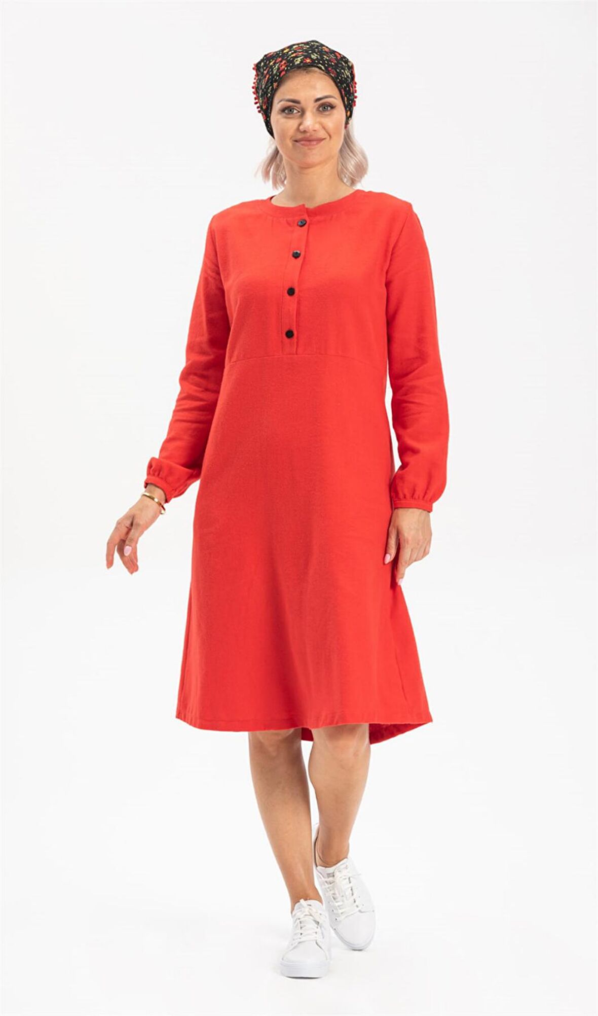 Uzun Kol Pazen Manolya Kısa  Elbise Kırmızı