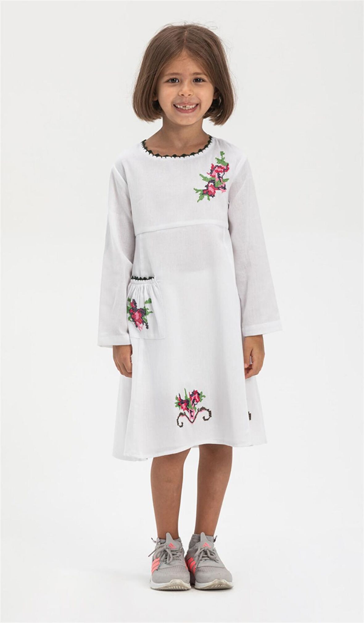 Uzun Kol Şile Bezi Burçak Çocuk Elbise Beyaz Byz