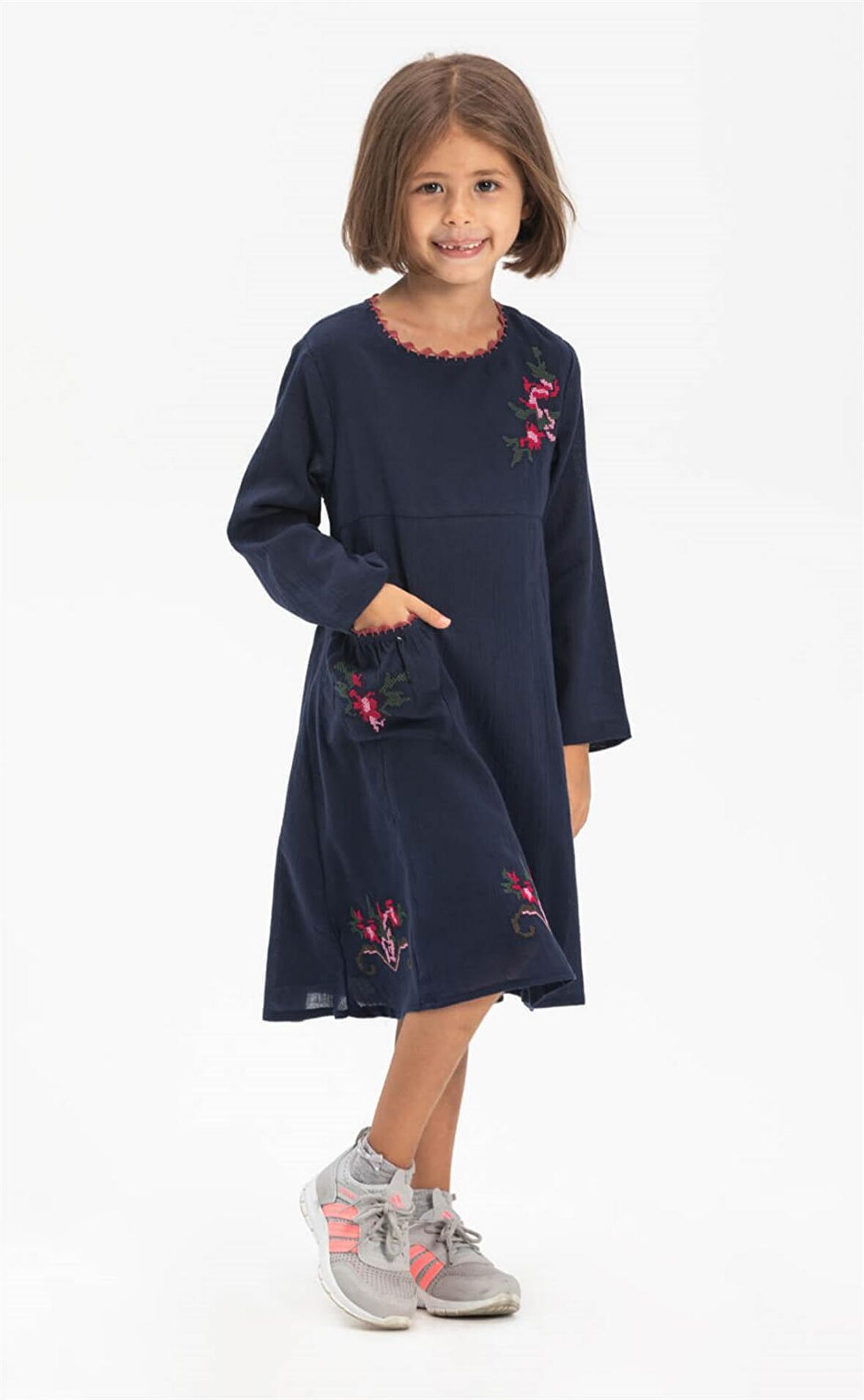 Uzun Kol Şile Bezi Burçak Çocuk Elbise Lacivert Lc