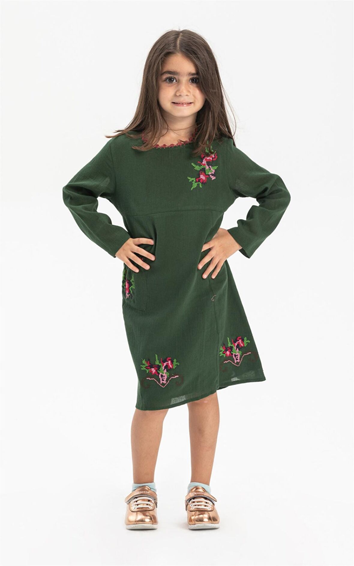 Uzun Kol Şile Bezi Burçak Çocuk Elbise Yeşil Ysl