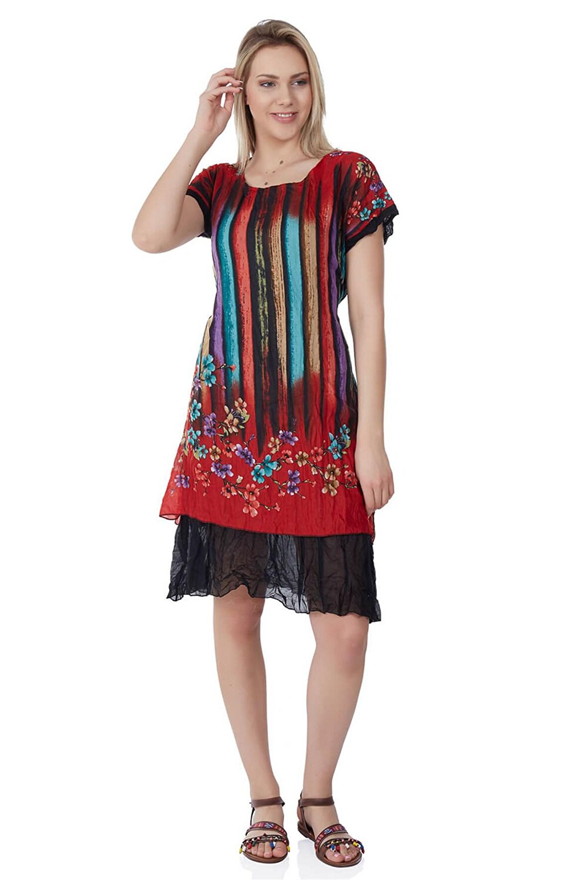 Kısa Kol Vual Defne Midi Boy Elbise Kırmızı