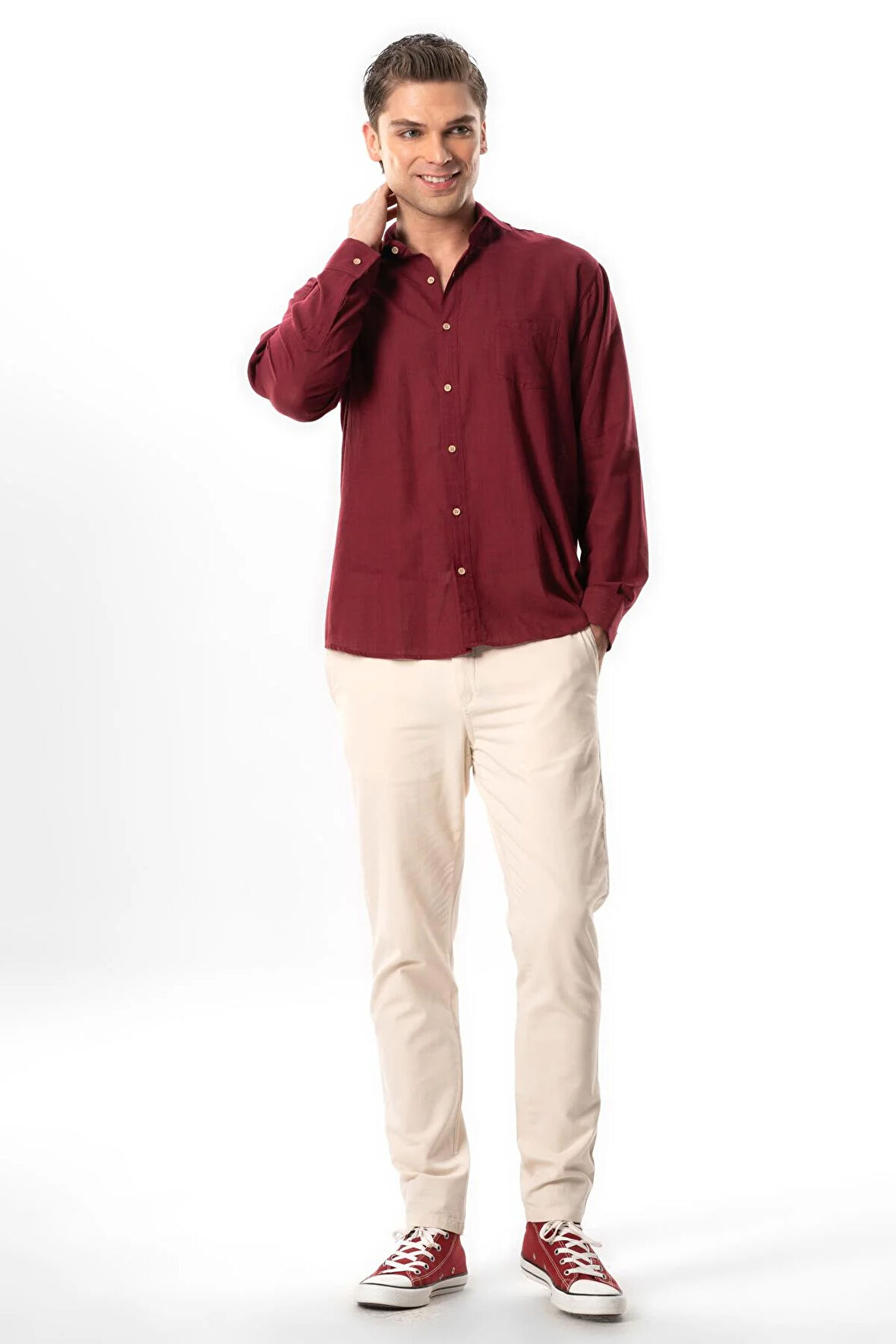 Uzun Kol Şile Bezi Tek Cepli Erkek Yazlık Gömlek Koyu Bordo 3068