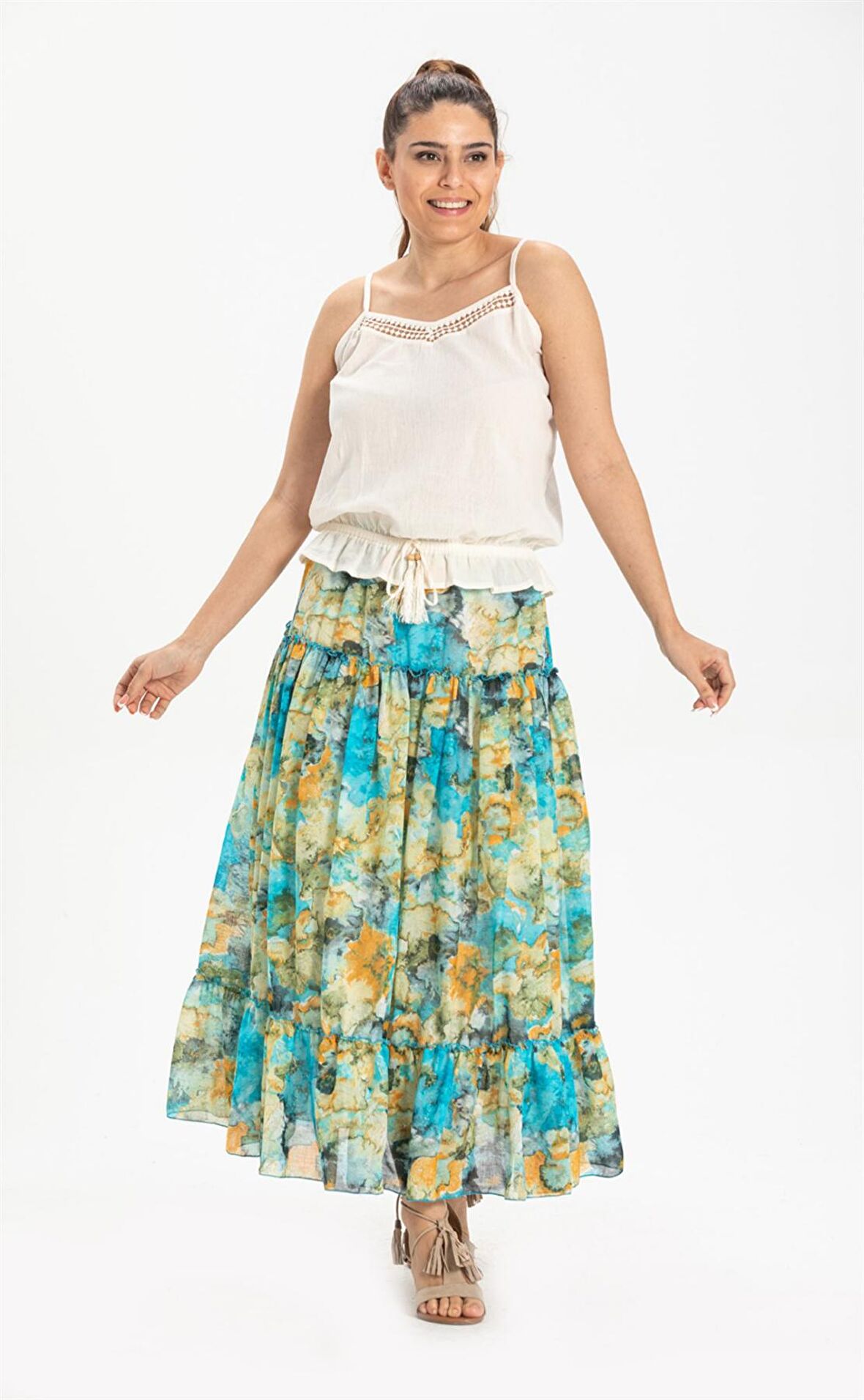 Vual Nesrin Uzun Etek Turkuaz Trkz