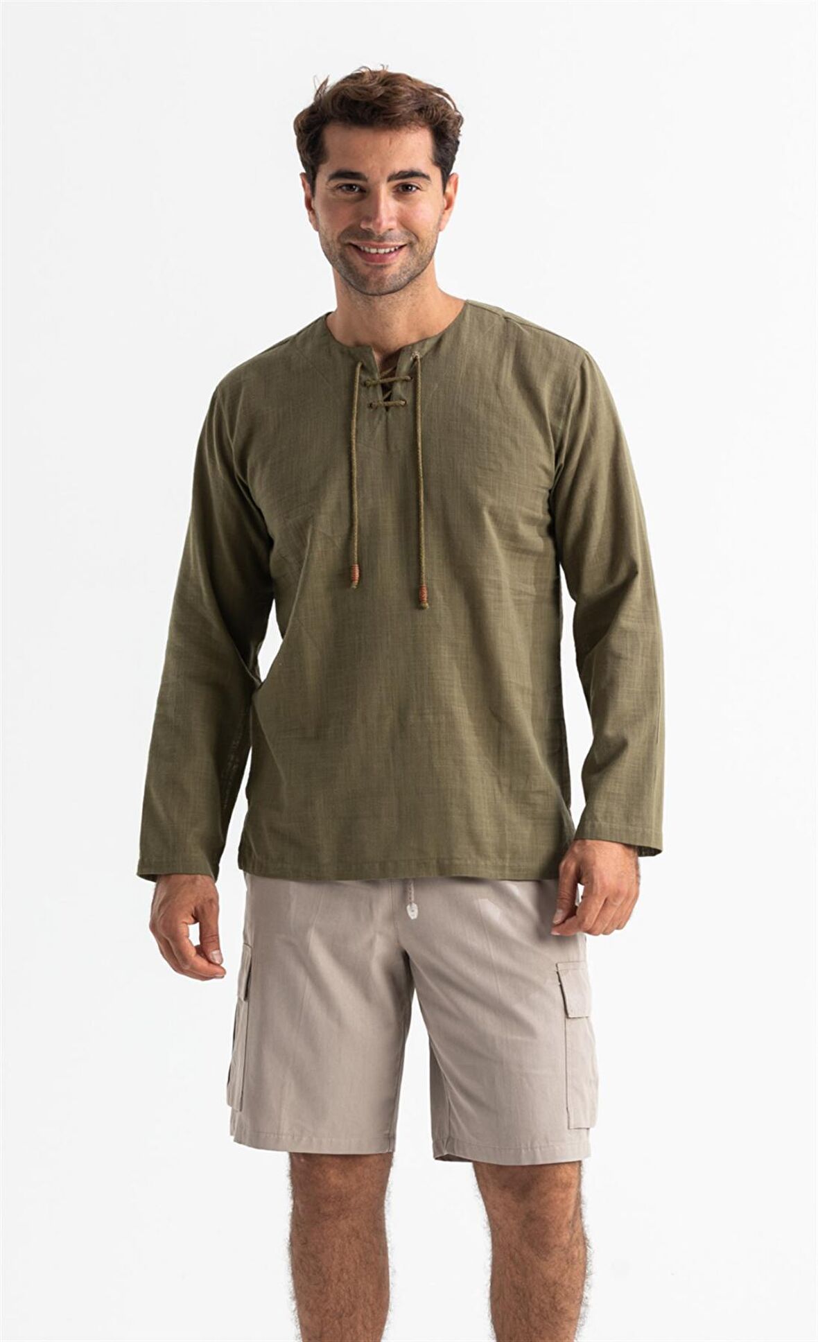 Uzun Kol Şile Bezi Zımbalı Erkek Tshirt Haki 3049