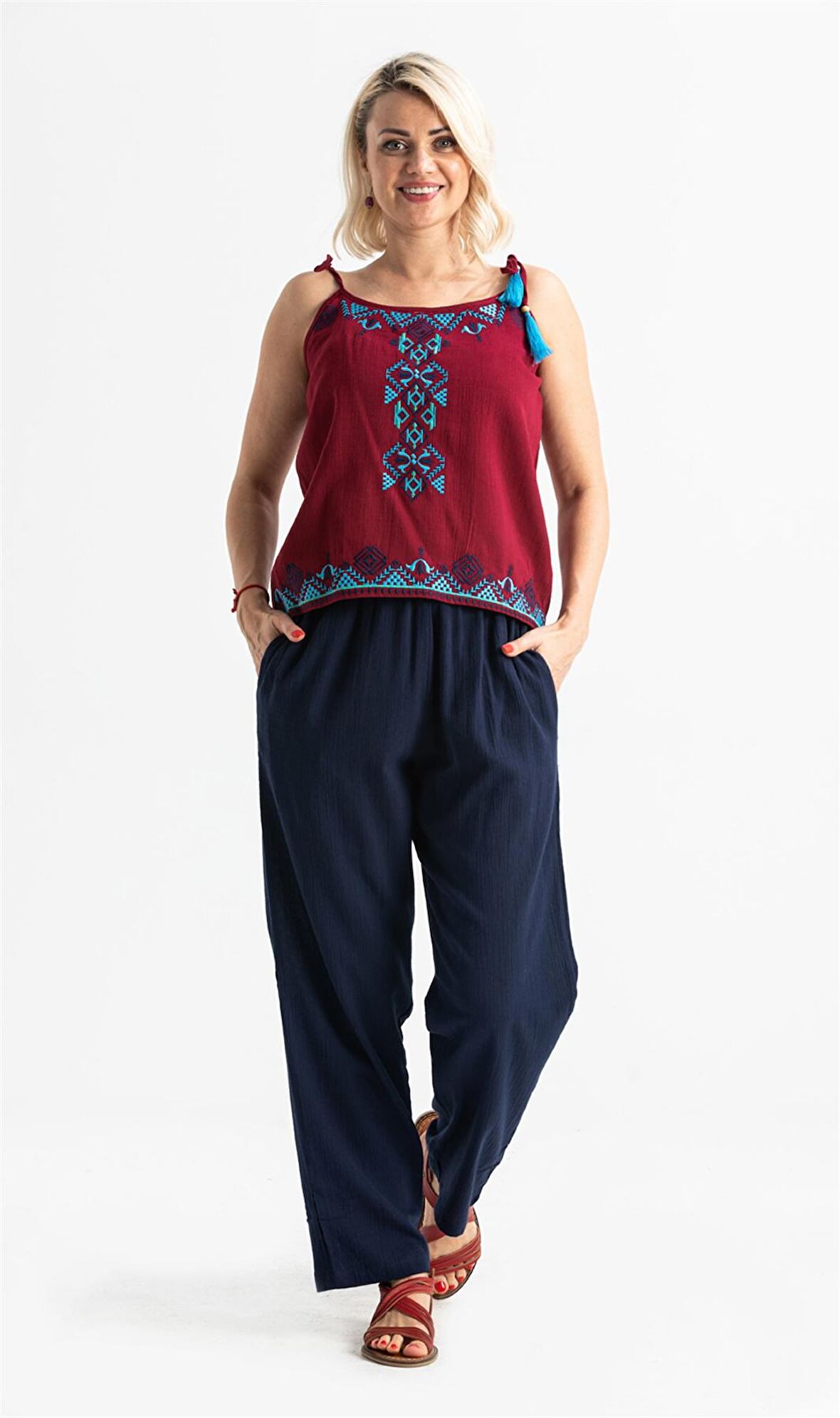 Askılı Şile Bezi Atiye Bluz Bordo Brd