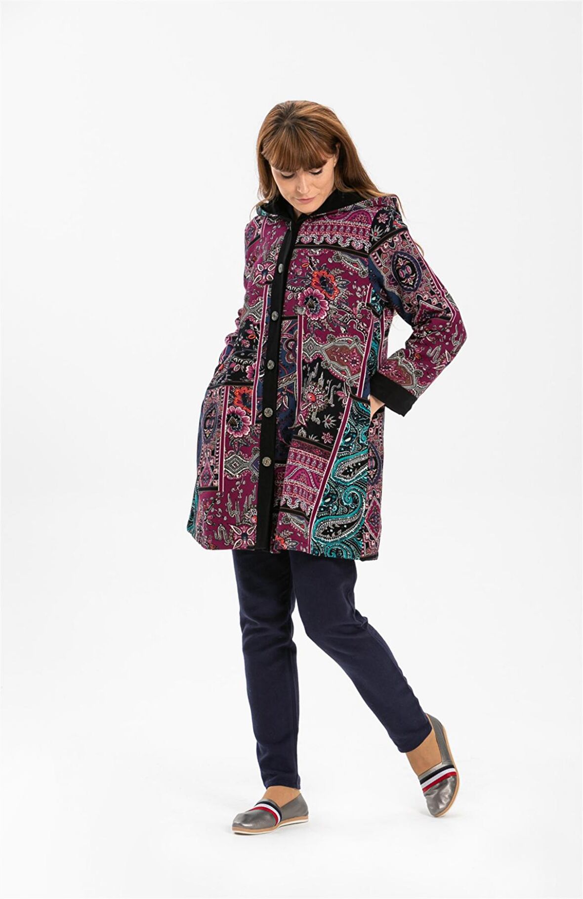 Uzun Kol  Kapüşonlu Tamay Pazen Ceket Mürdüm Mrd