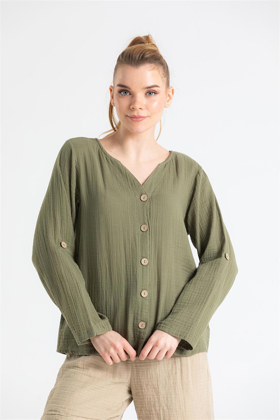 Uzun Kol Müslin Sedef Gömlek Haki Hk