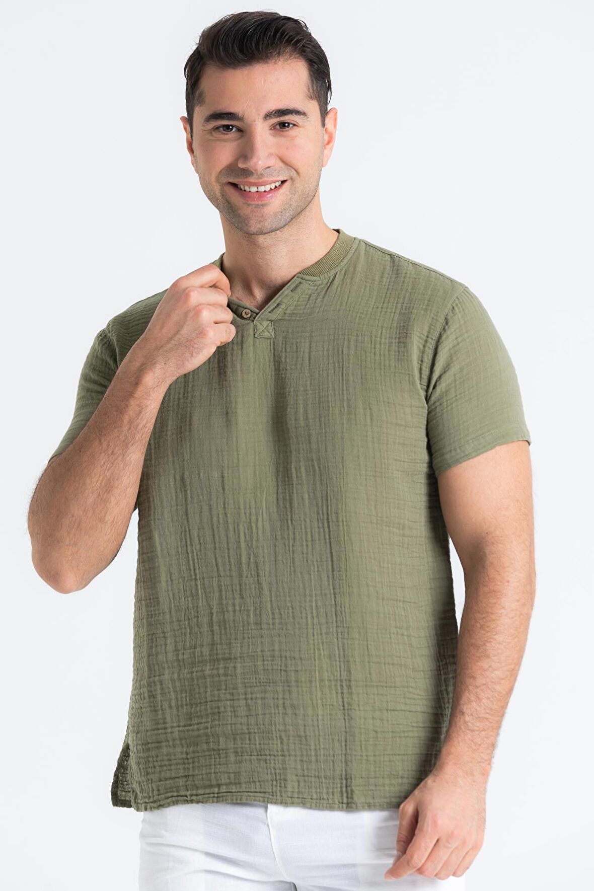 Kısa Kol Müslin Erkek Ribanalı Tshirt Haki Hk