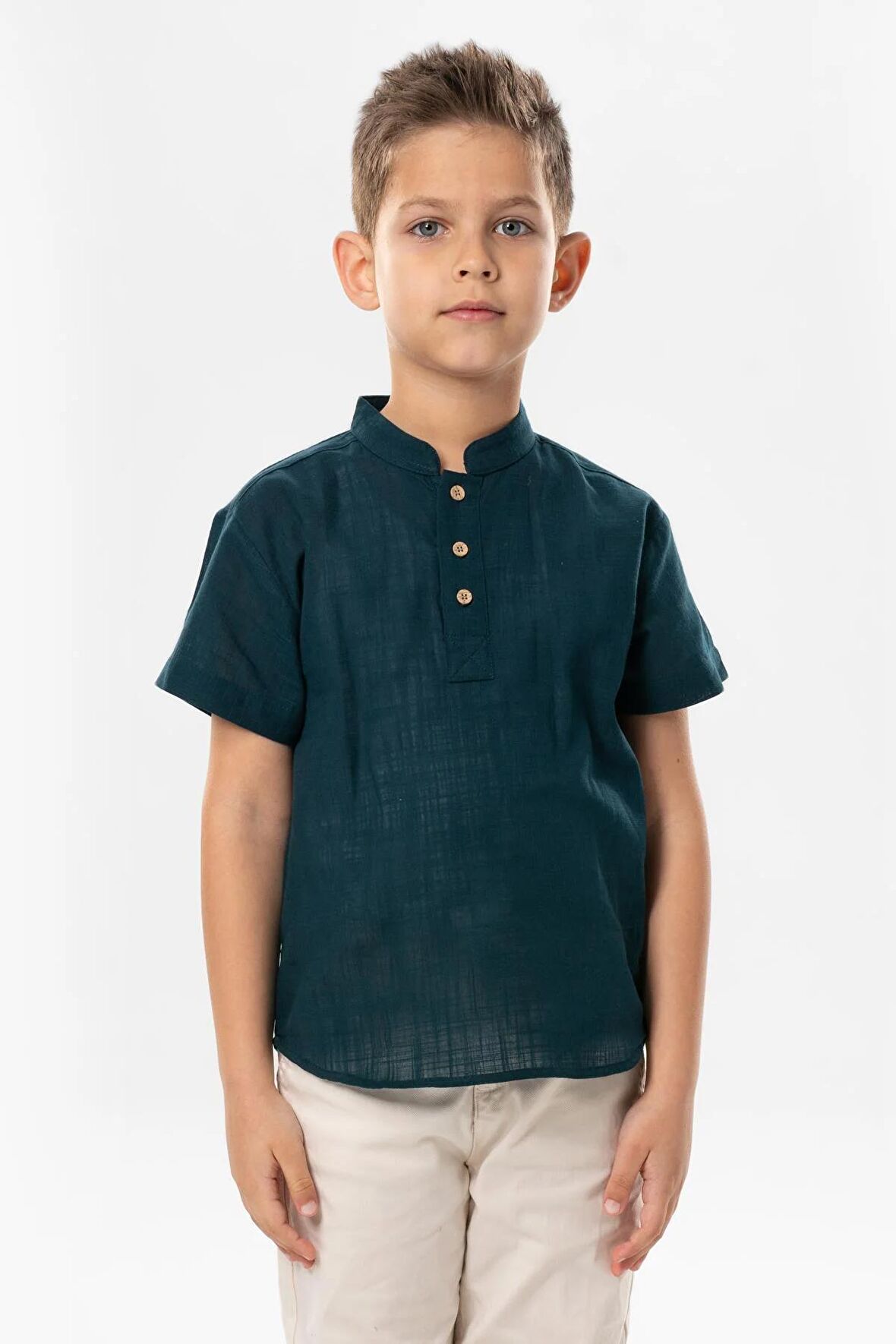 Kısa Kol Şile Bezi Bodrum Yazlık Erkek Çocuk Tshirt Koyu Petrol 3069