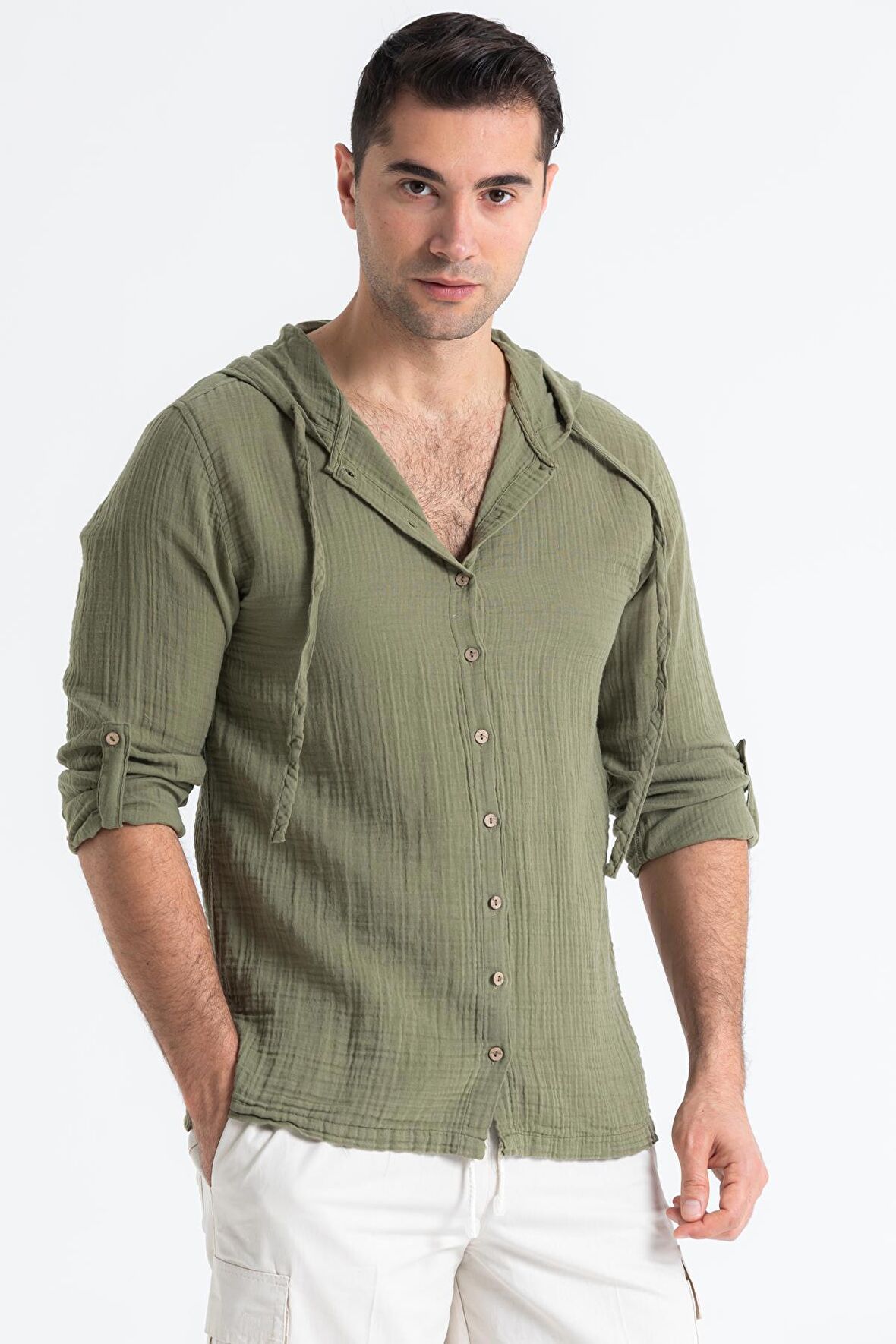 Uzun Kol Müslin Erkek Kapüşonlu Sweatshirt Haki Hk