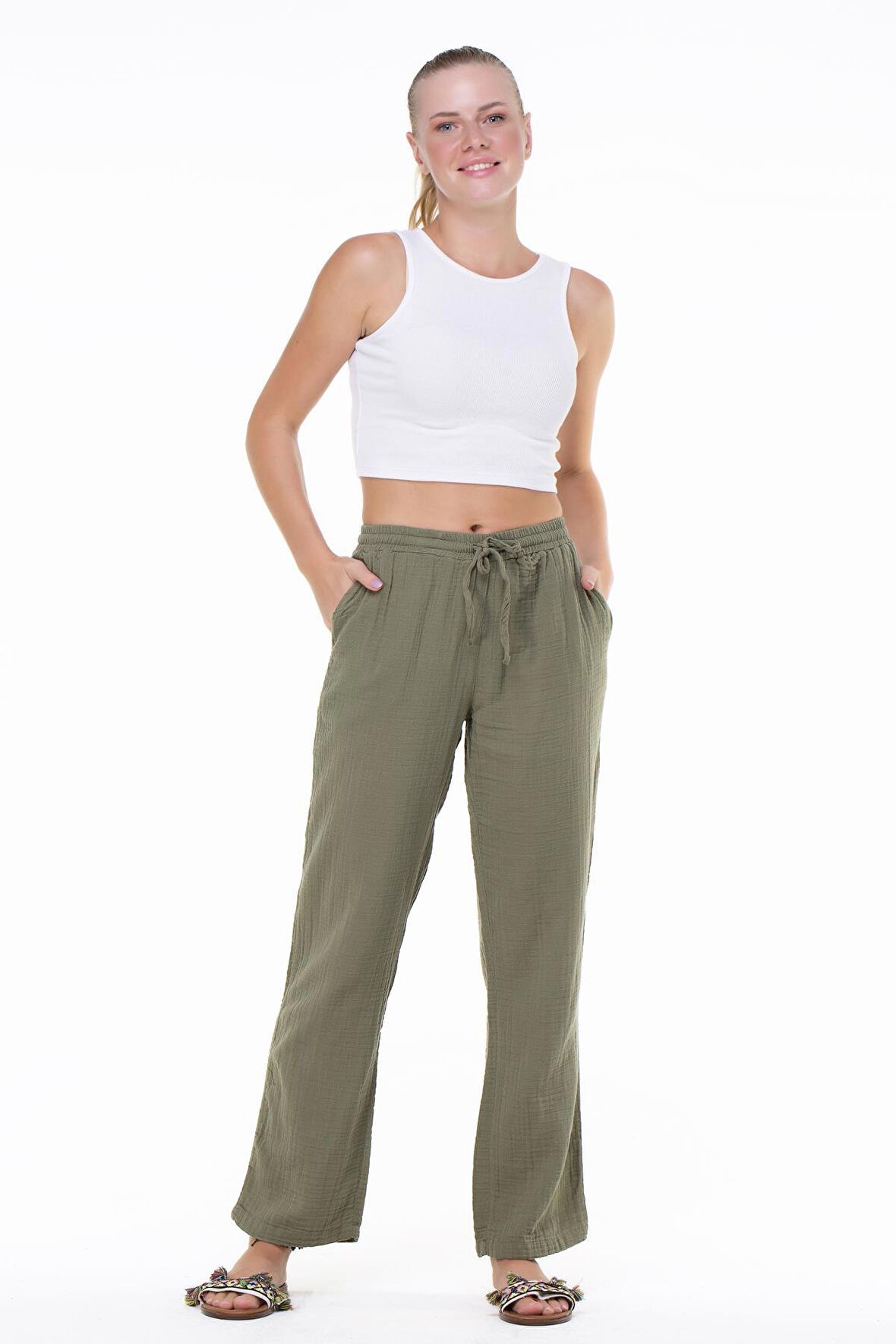 Müslin Beli Bağcıklı Çift Cepli Kadın Pantolon Haki Hk