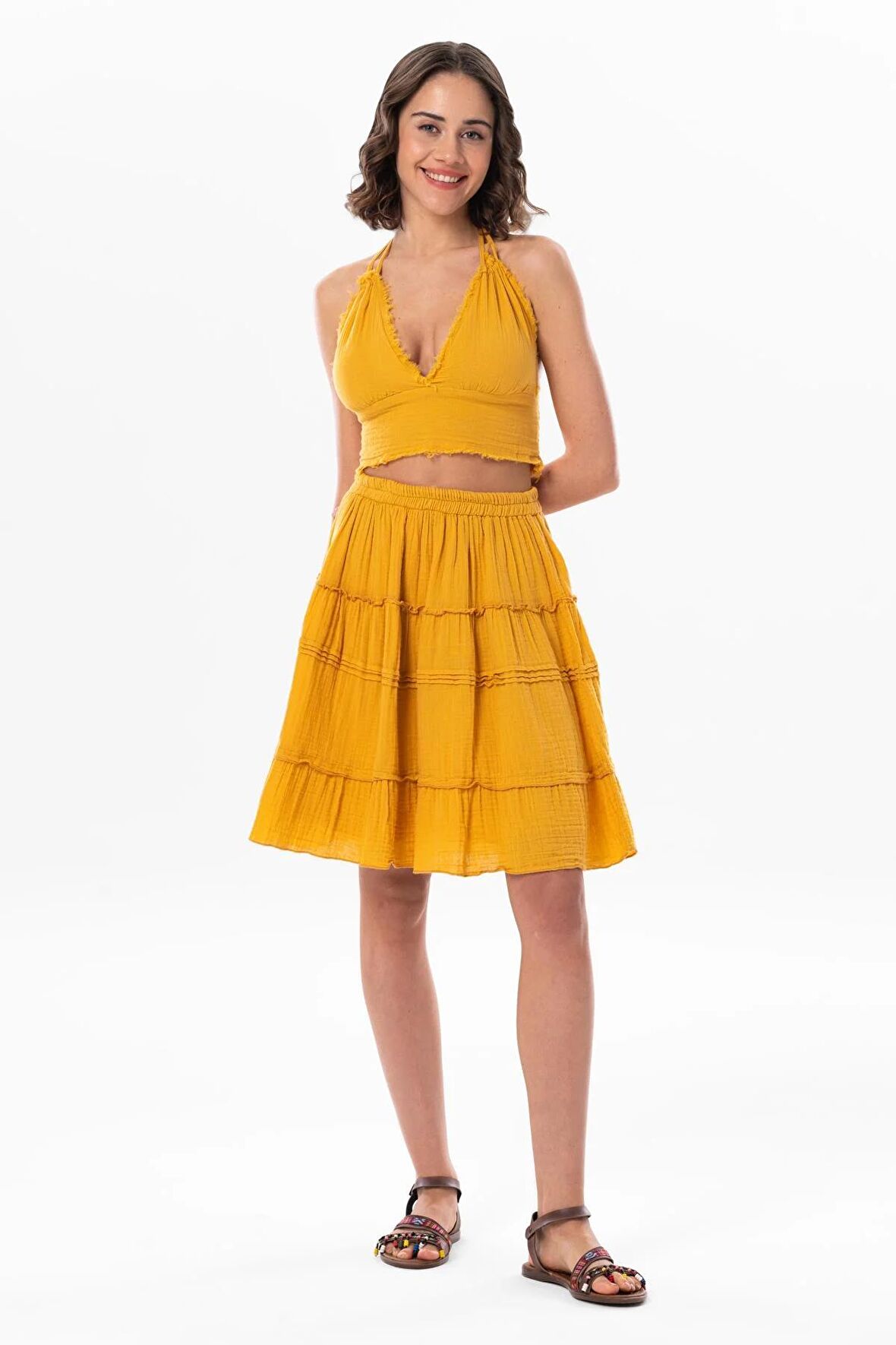 Benan Beli Lastikli Kısa Yazlık Müslin Etek Hardal Hrd