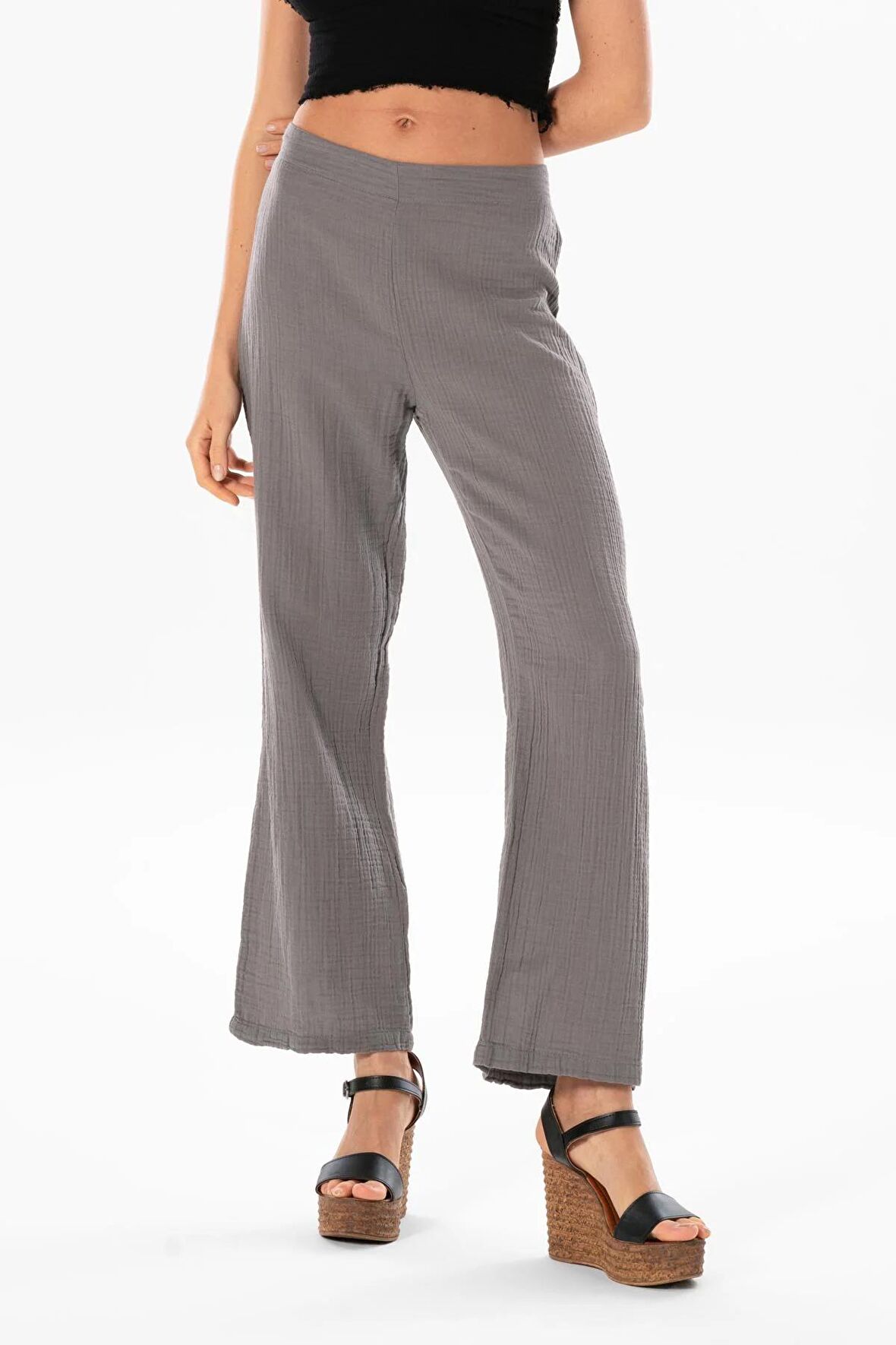 Sardunya Beli Lastikli Müslin Pantolon Gri Gri