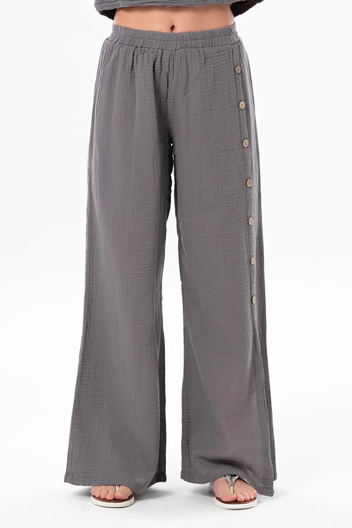 İzel Yırtmaçlı Yazlık Müslin Pantolon Gri Gri