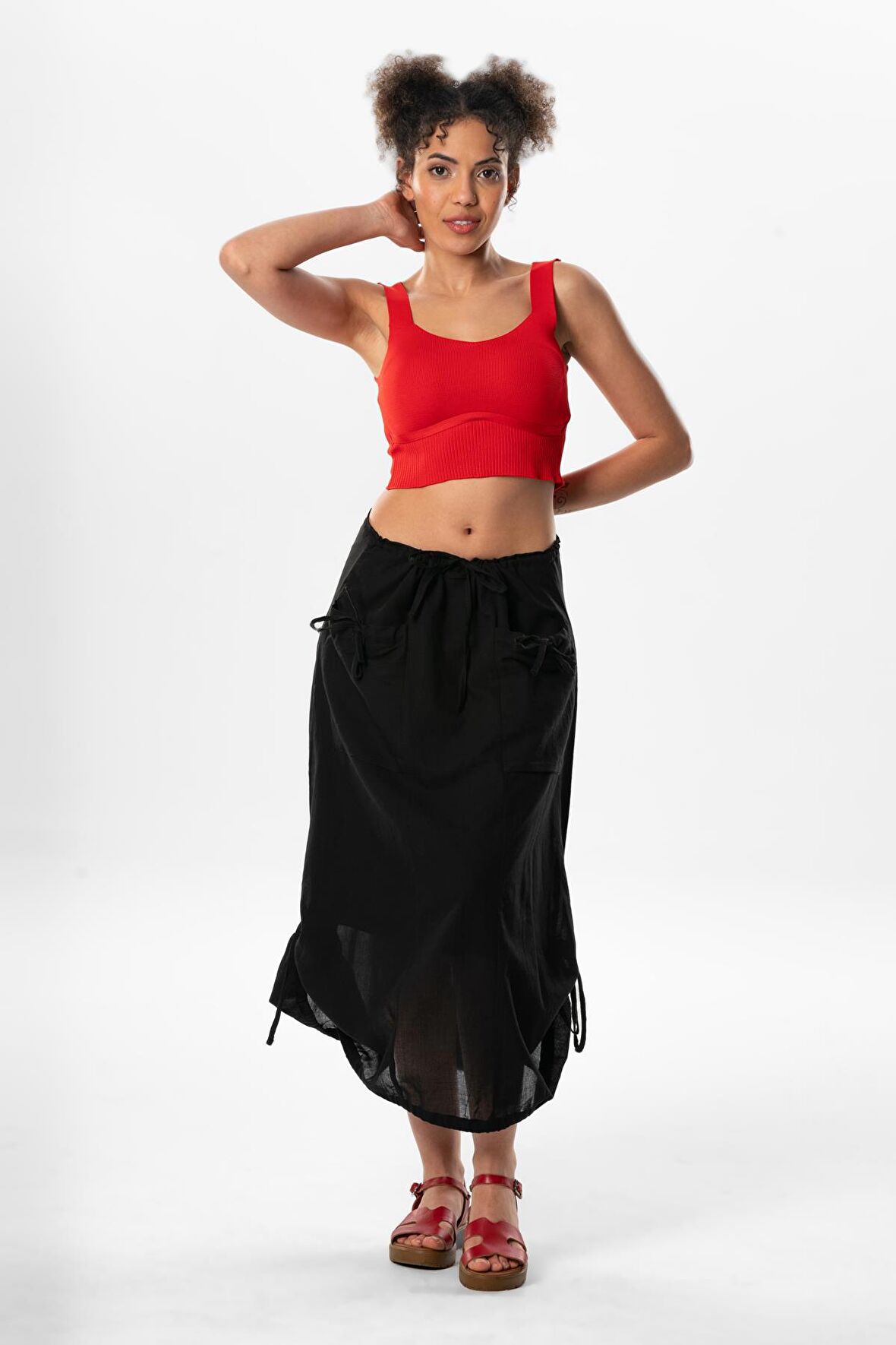 Gökşen Vual Bağlama ve Lastik Detay Midi Boy Yazlık Otantik Etek Siyah Syh