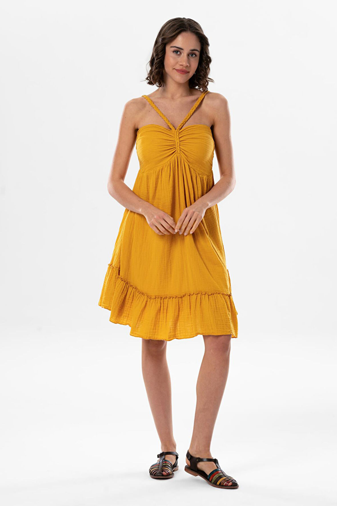 Alanya Boyundan Bağlamalı Kısa Yazlık Müslin Elbise Hardal Hrd