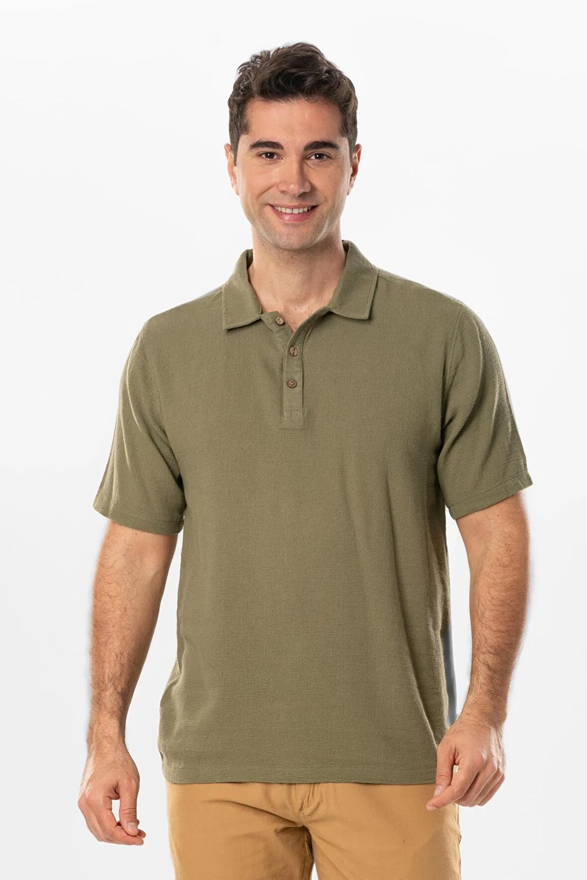 Violet Kısa Kol Foça Düğmeli Erkek Yazlık Tshirt Haki Hk
