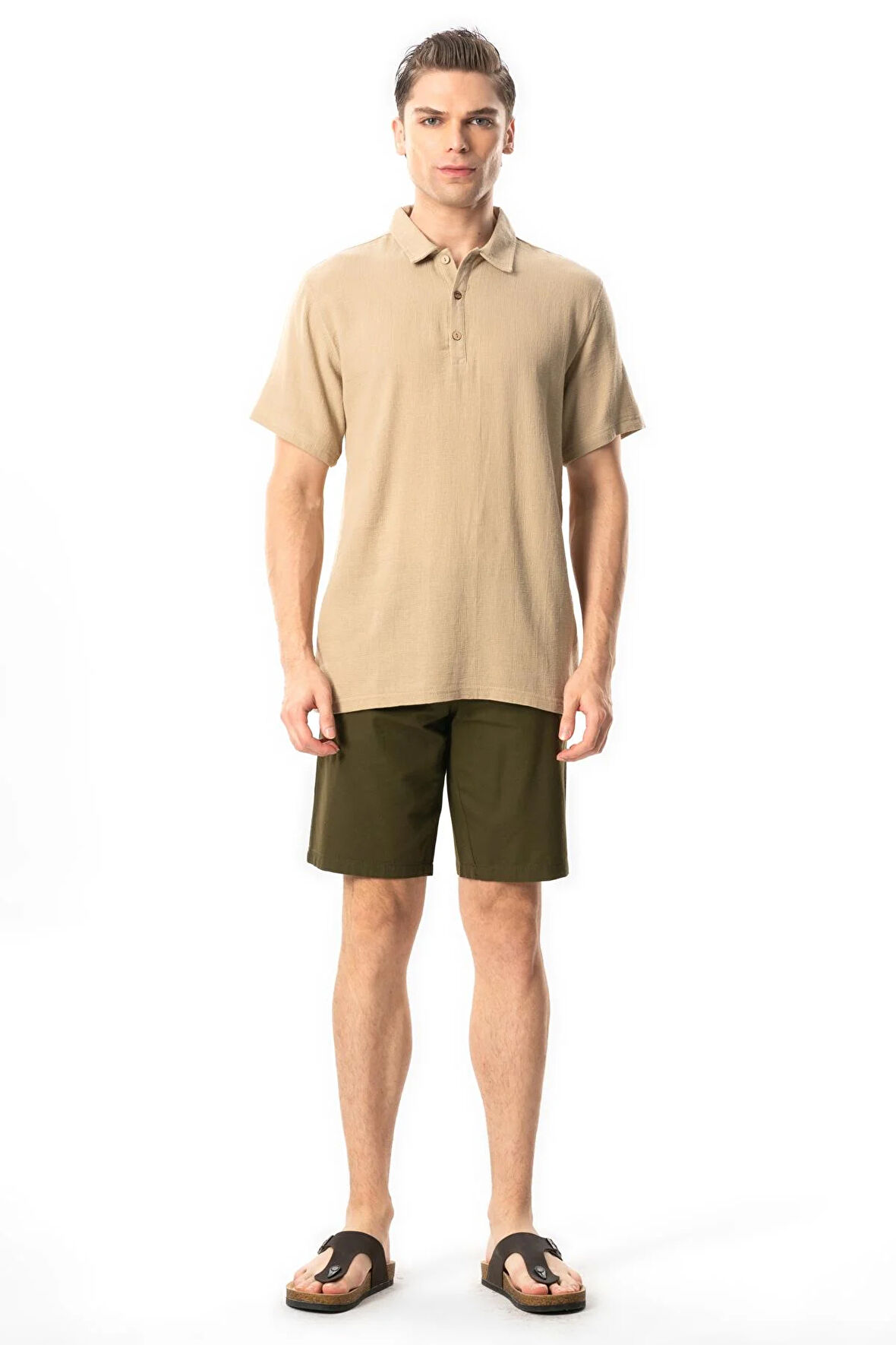 Violet Kısa Kol Foça Düğmeli Erkek Yazlık Tshirt Vizon Vzn