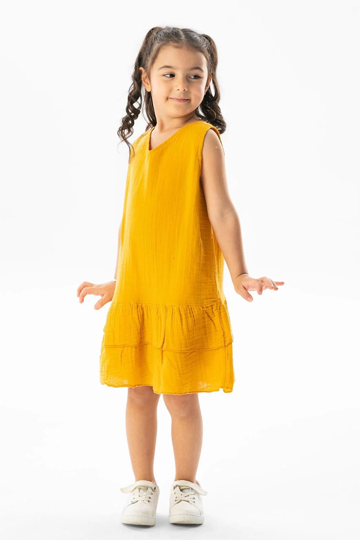 Kolsuz Aybike Yazlık Müslin Çocuk Elbise Hardal Hrd