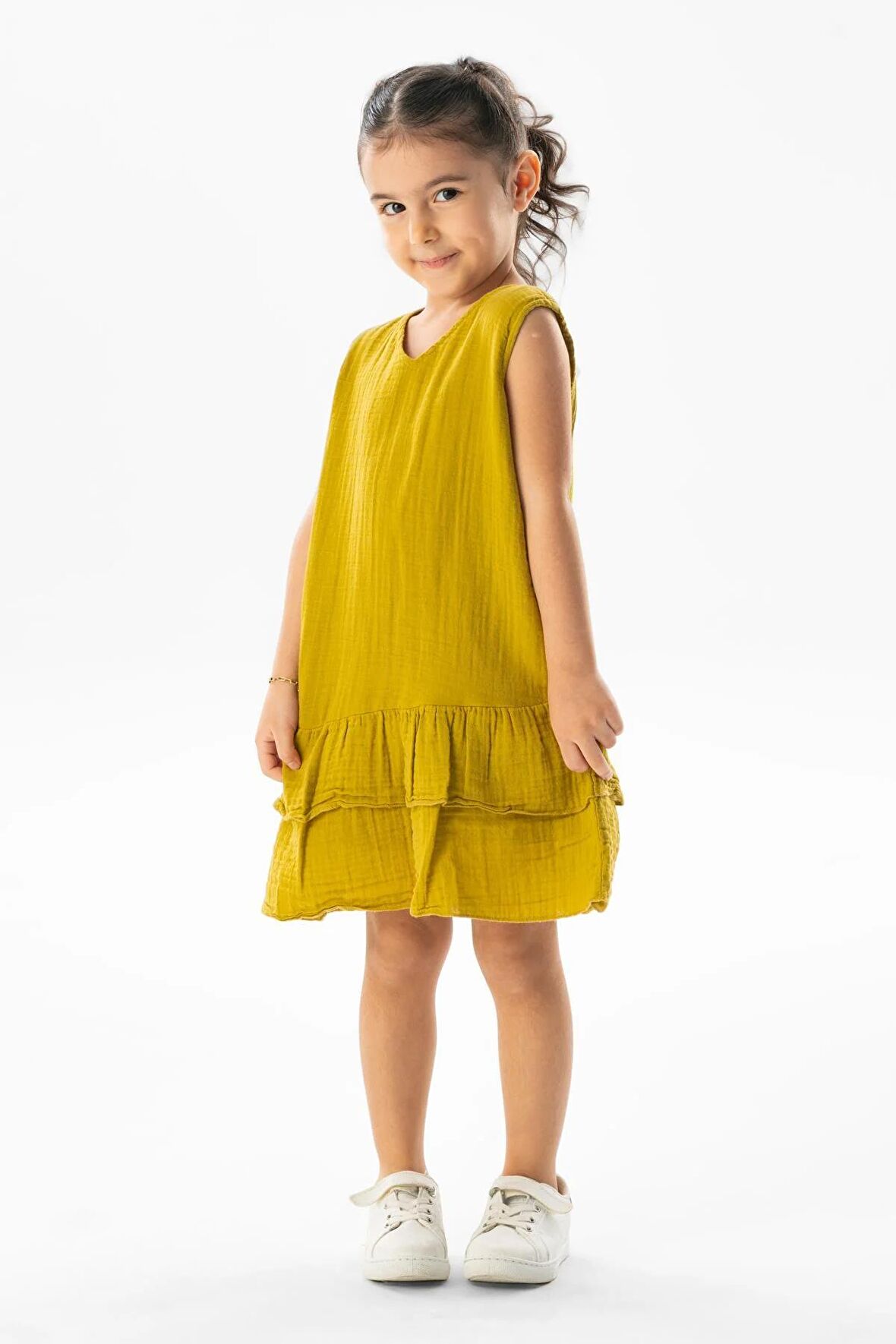 Kolsuz Aybike Yazlık Müslin Çocuk Elbise Yağ Yeşili Ygysl