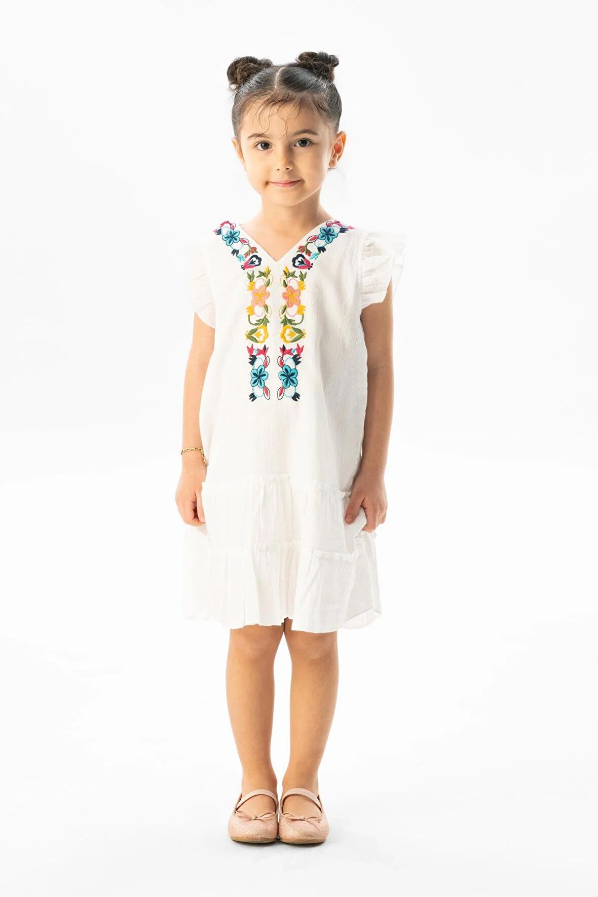 Kolsuz Şile Bezi Delfin Nakış Detaylı Yazlık Çocuk Elbise Beyaz Byz