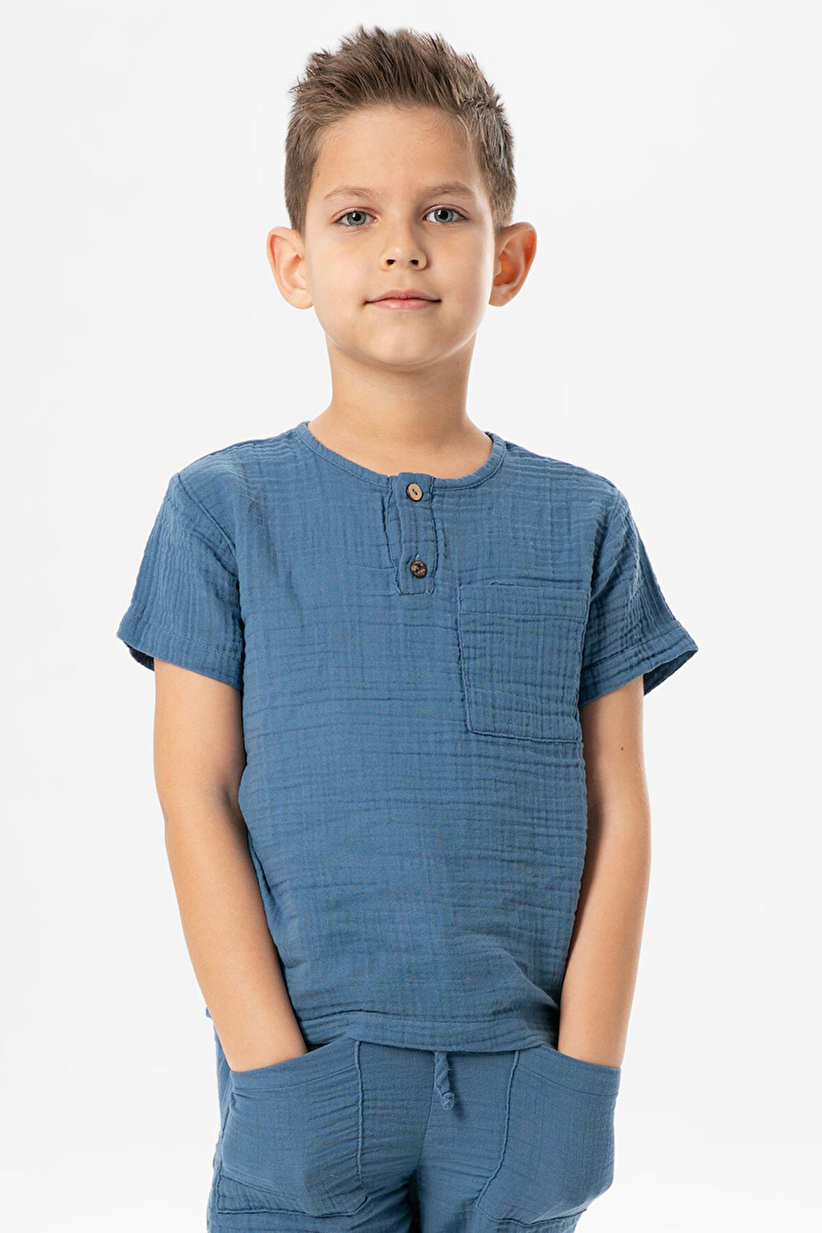Kısa Kol Batı Cep Detaylı Yazlık Müslin Erkek Çocuk Tshirt İndigo indg