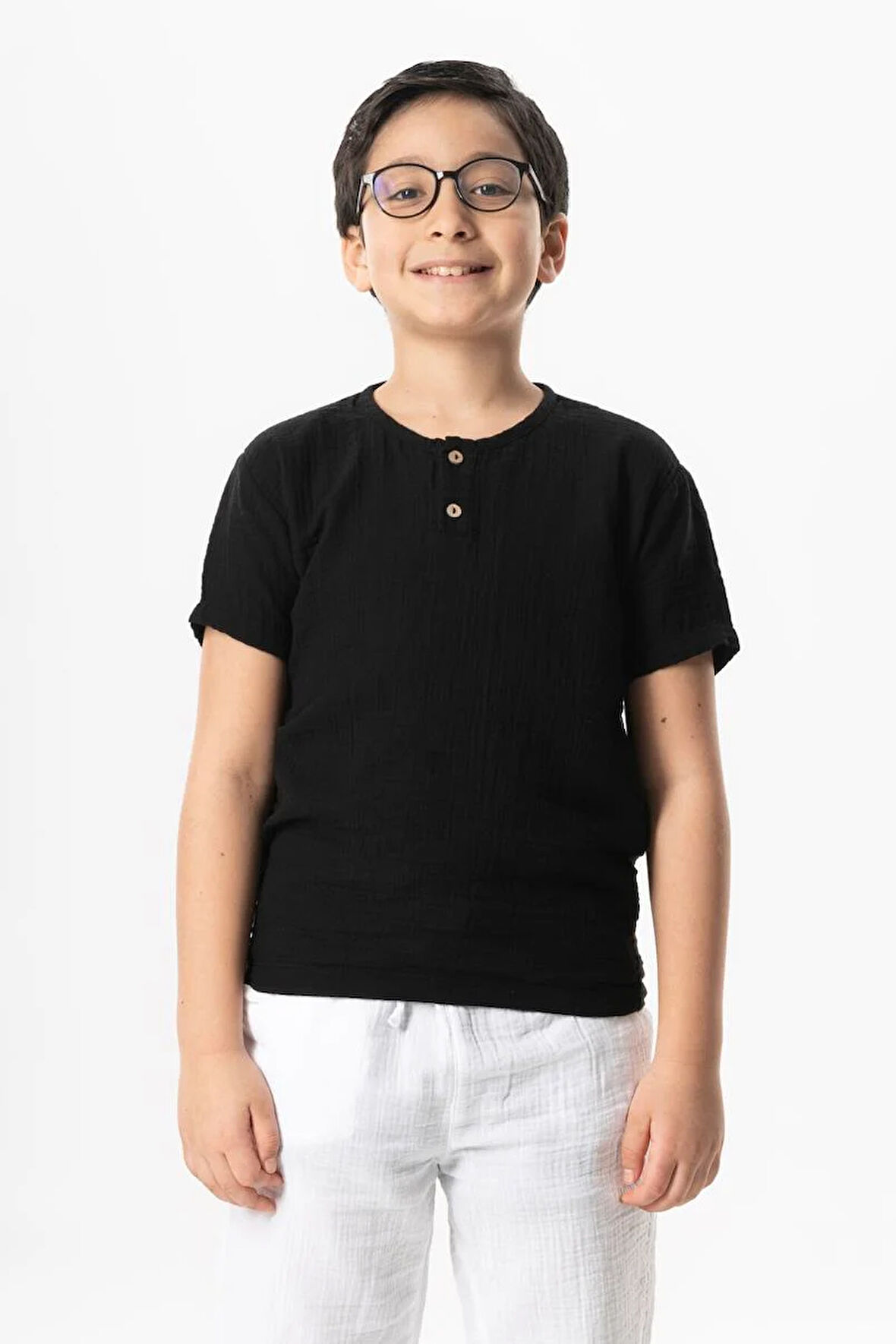 Kısa Kol Batı Cep Detaylı Yazlık Müslin Erkek Çocuk Tshirt Siyah Syh