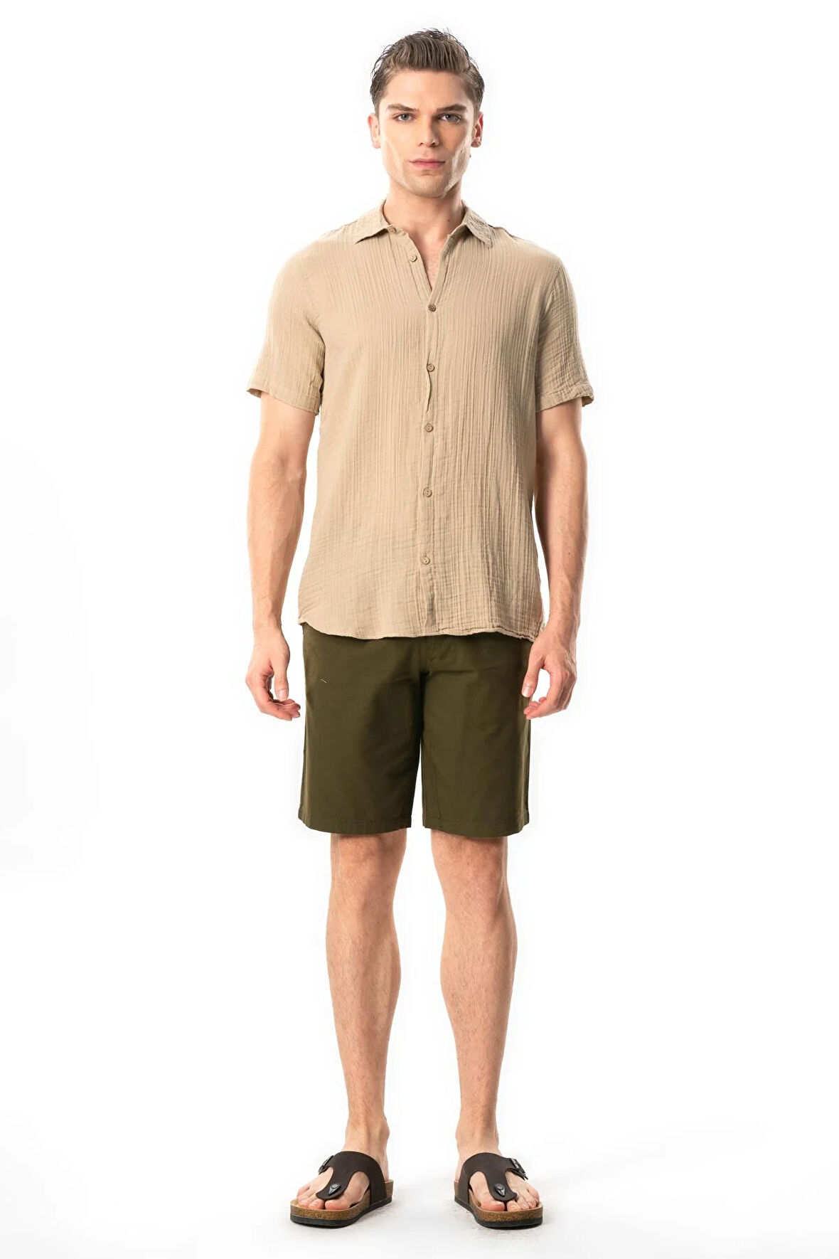 Kısa Kol Erkek Yazlık Müslin Gömlek Vizon Vzn