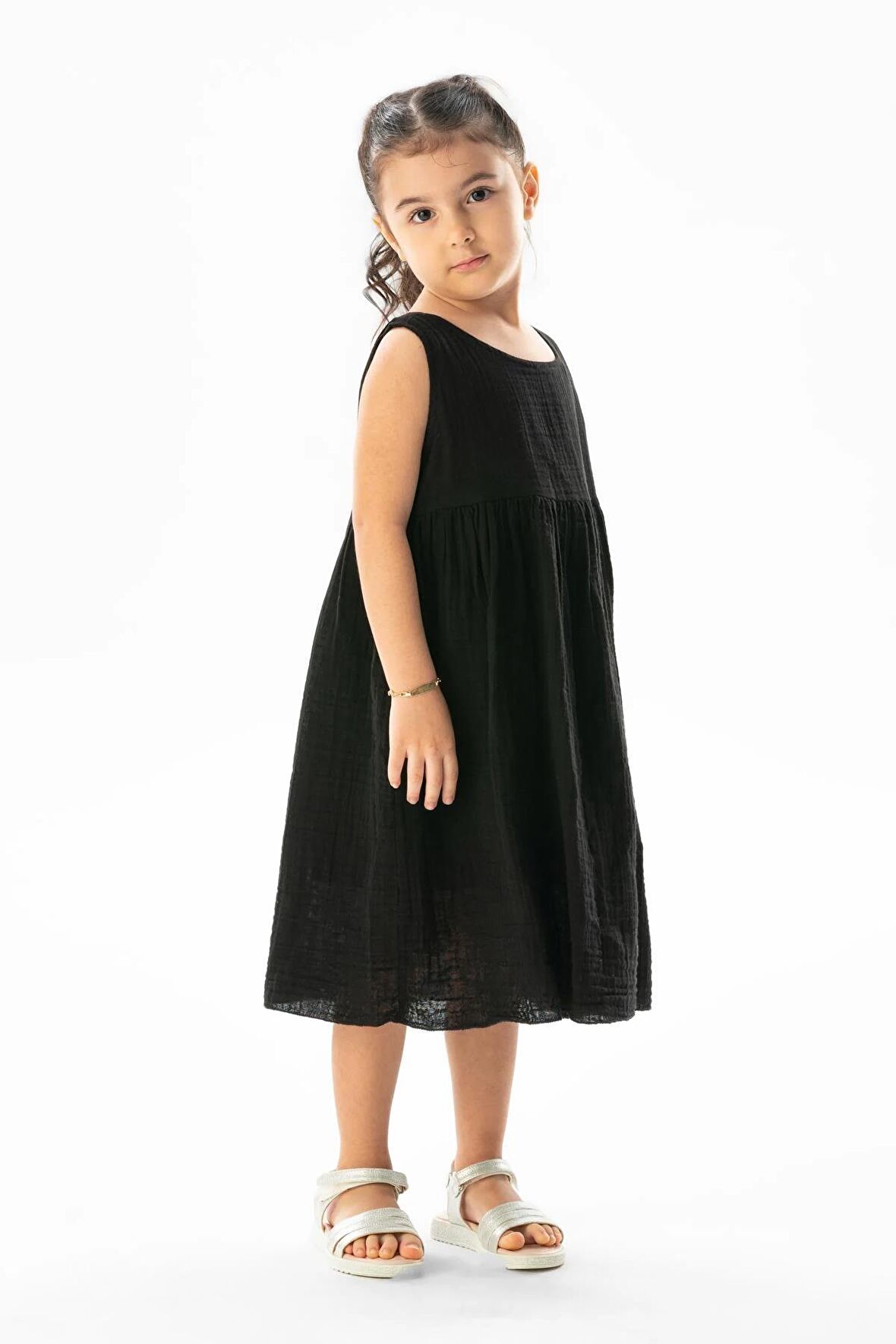 Kolsuz Bilge Yazlık Müslin Çocuk Elbise Siyah Syh