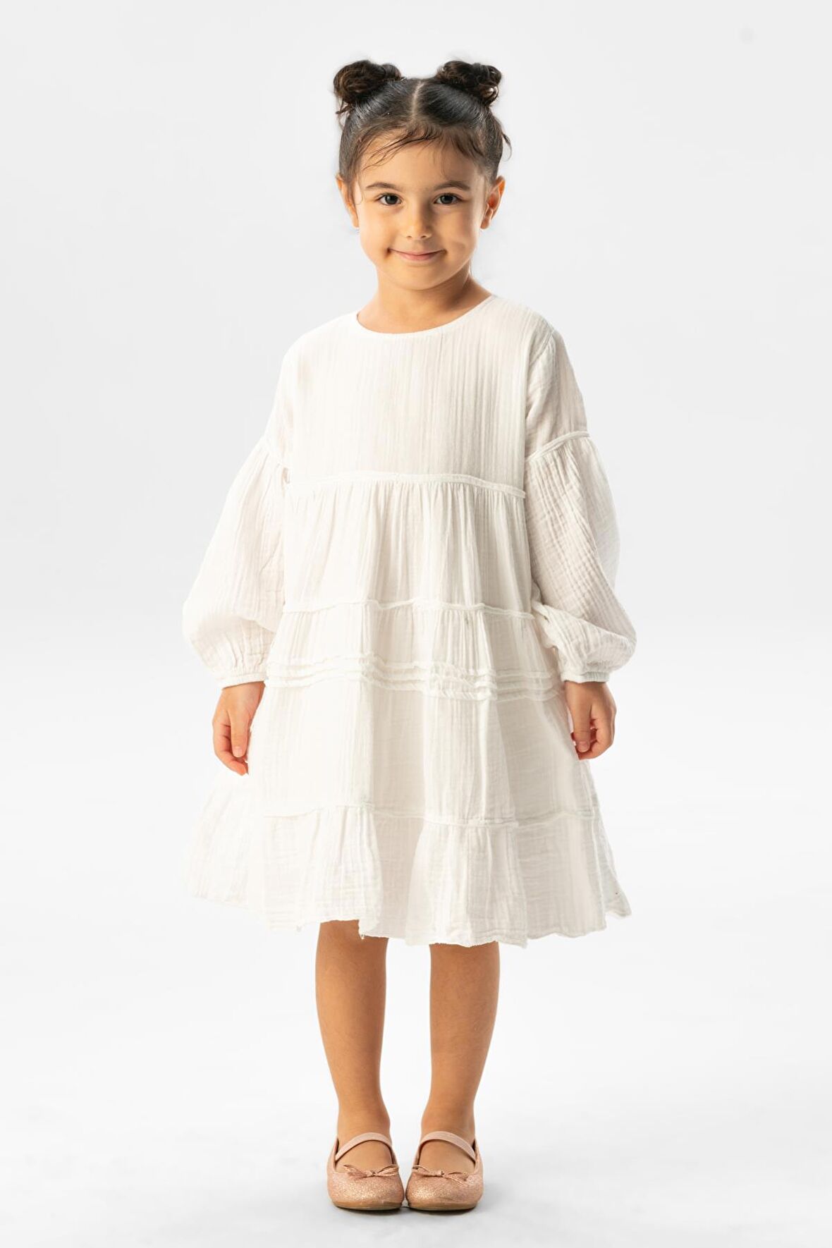 Uzun Kol İlay Yazlık Müslin Çocuk Elbise Beyaz Byz