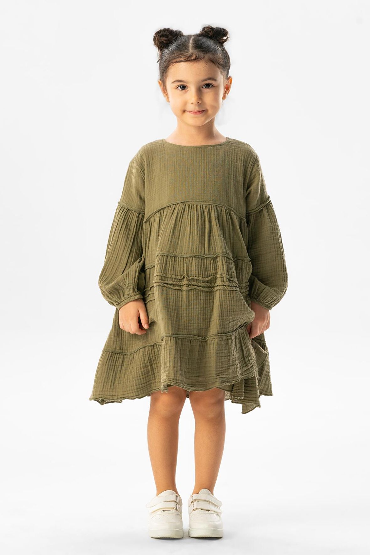 Uzun Kol İlay Yazlık Müslin Çocuk Elbise Haki Hk