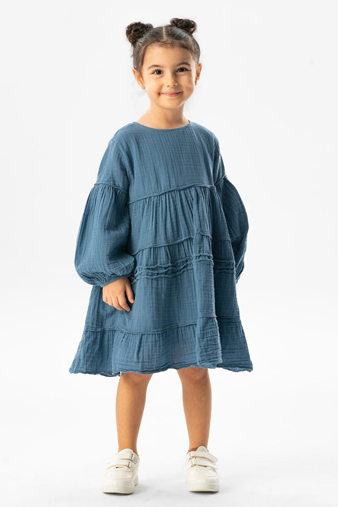 Uzun Kol İlay Yazlık Müslin Çocuk Elbise İndigo indg