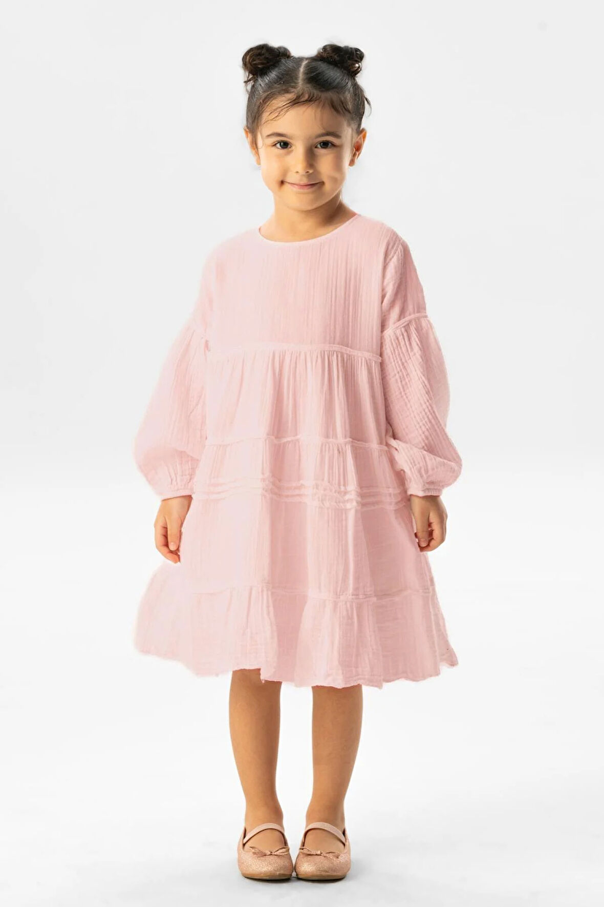 Uzun Kol İlay Yazlık Müslin Çocuk Elbise Pudra Pdr