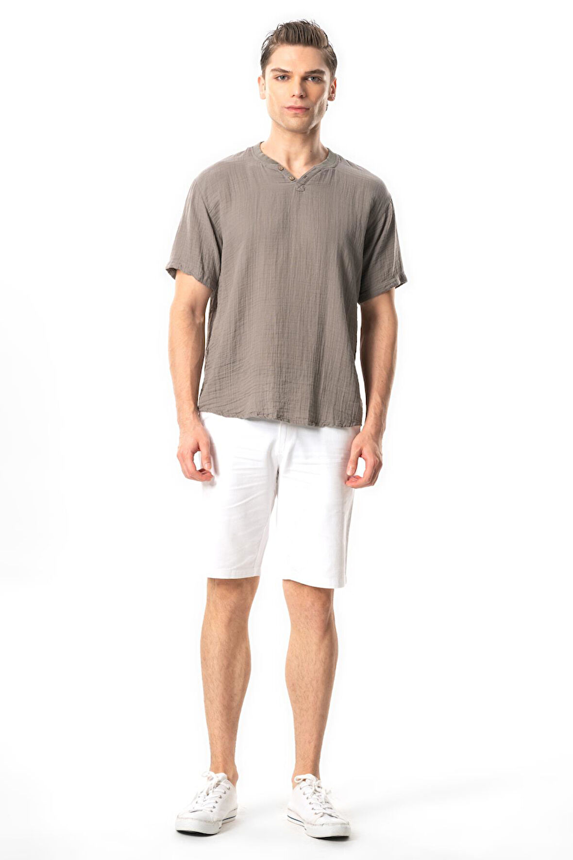 Kısa Kol Erkek Ribanalı Yazlık Müslin Tshirt Gri Gri