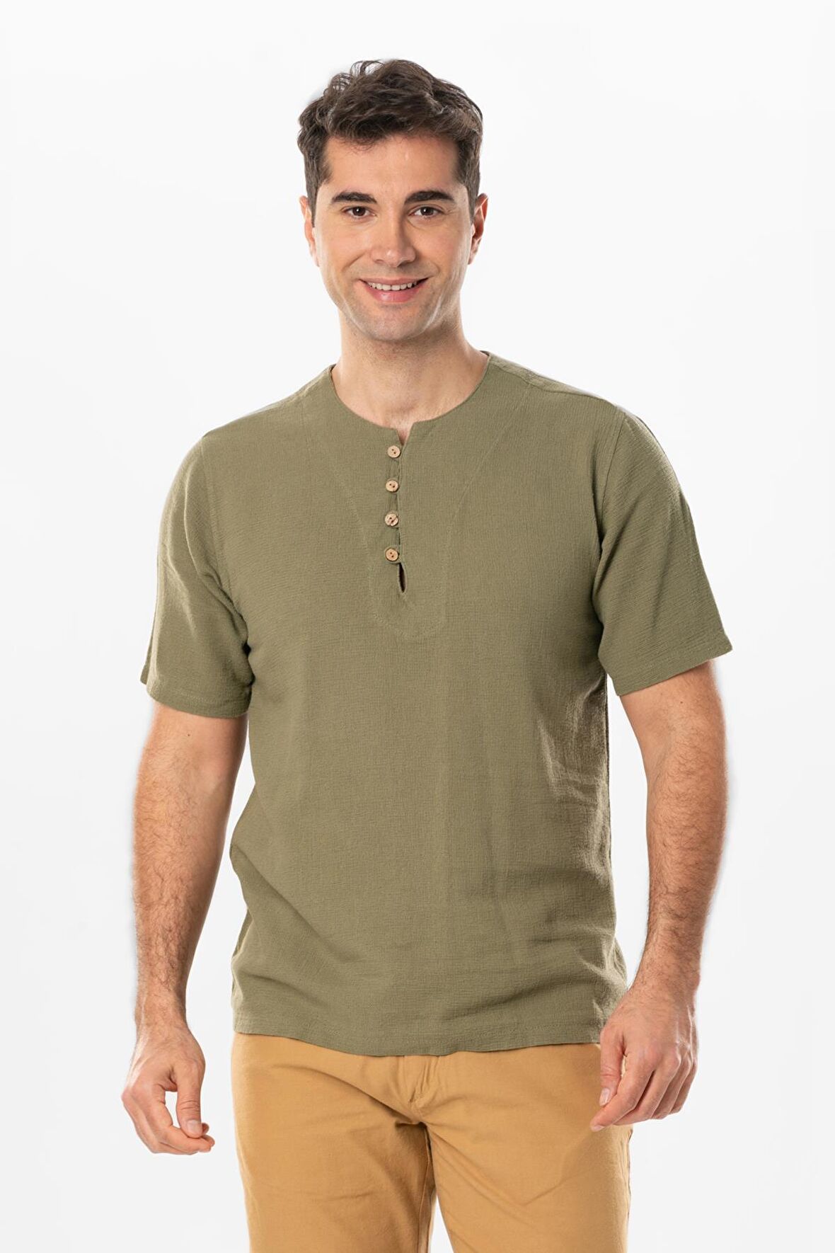 Halikarnas Kısa Kol Violet Düğme Detaylı Erkek Yazlık Tshirt Haki Hk
