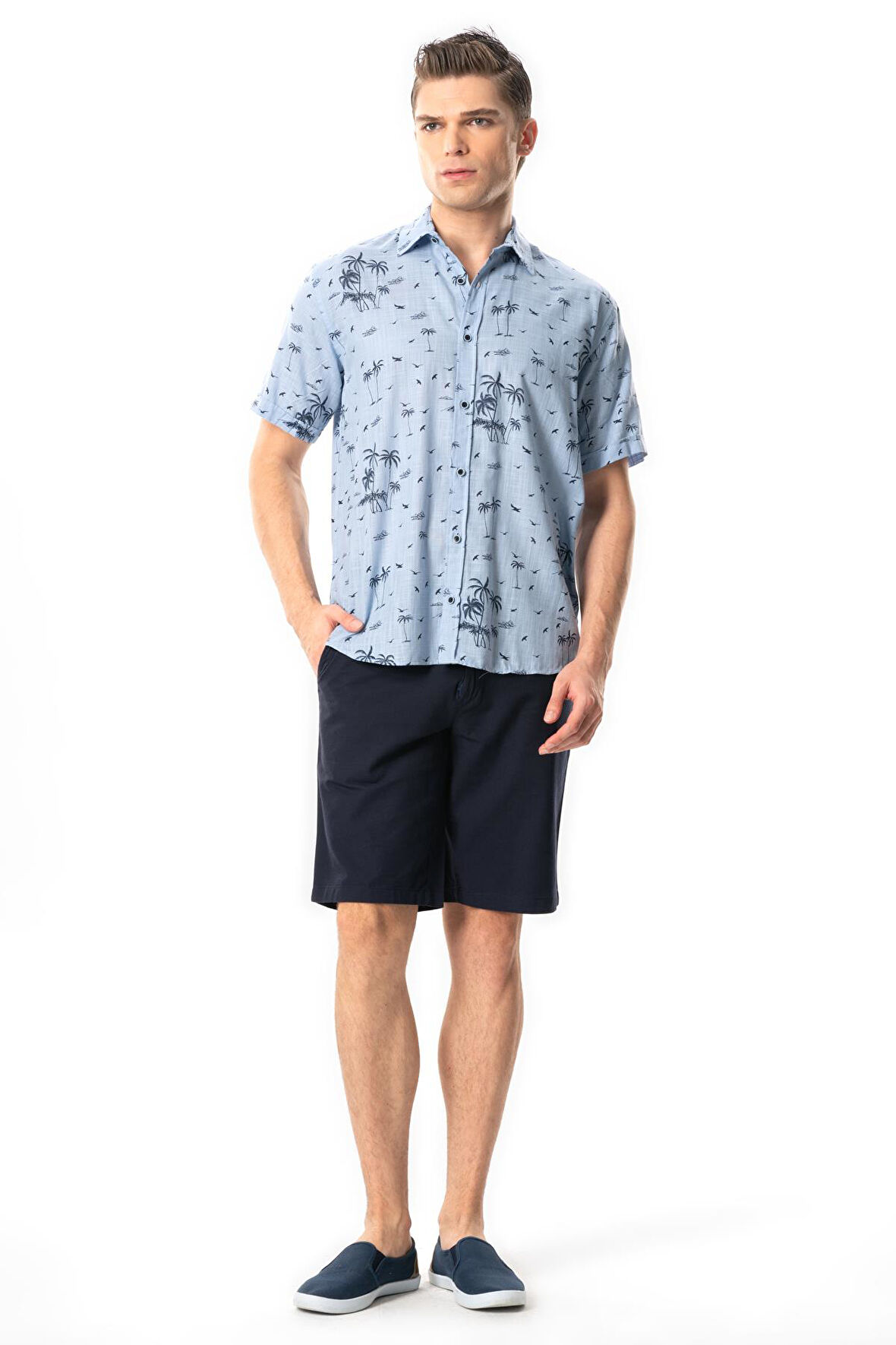 Kısa Kol Pamuklu Baskılı Erkek Yazlık Gömlek Buz Mavi Bmv