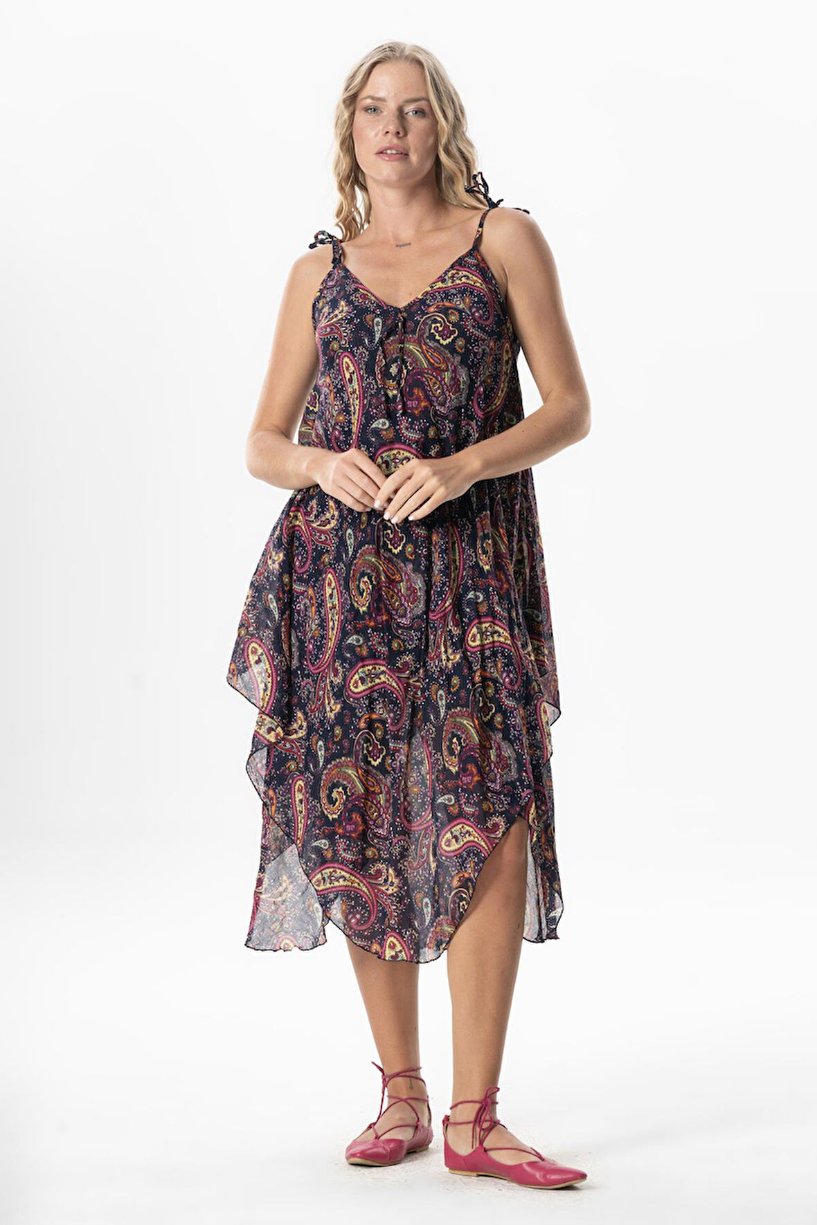 Askılı Vual Afrodit Midi Boy Yazlık Elbise Şal Lacivert 6215