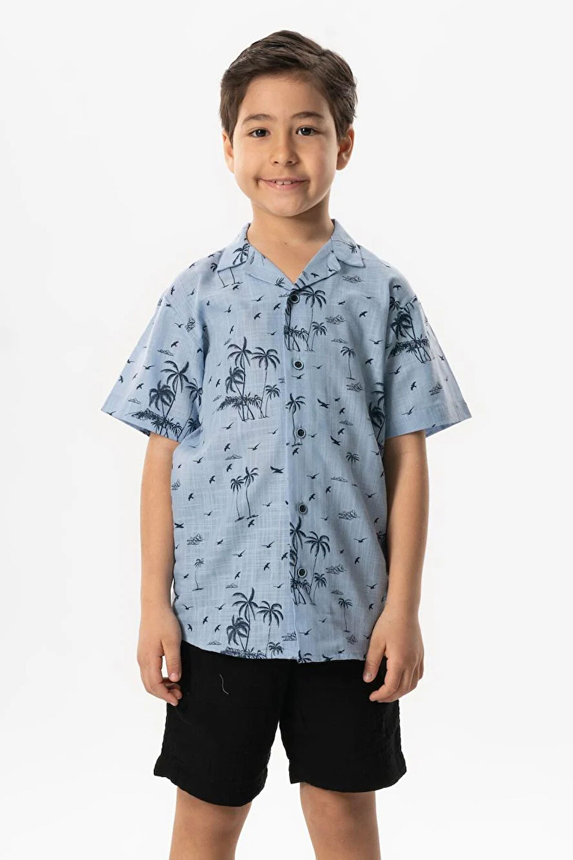 Kısa Kol Şile Bezi Baskılı Çocuk Yazlık Gömlek Buz Mavi Bmv