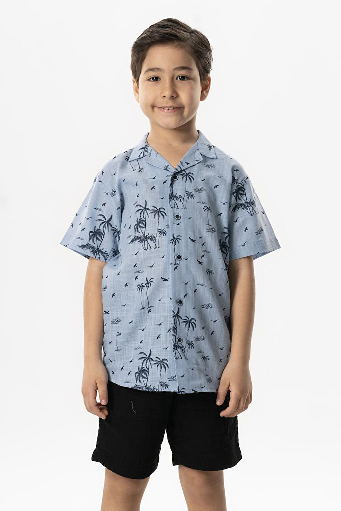 Kısa Kol Şile Bezi Baskılı Çocuk Yazlık Gömlek Buz Mavi Bmv