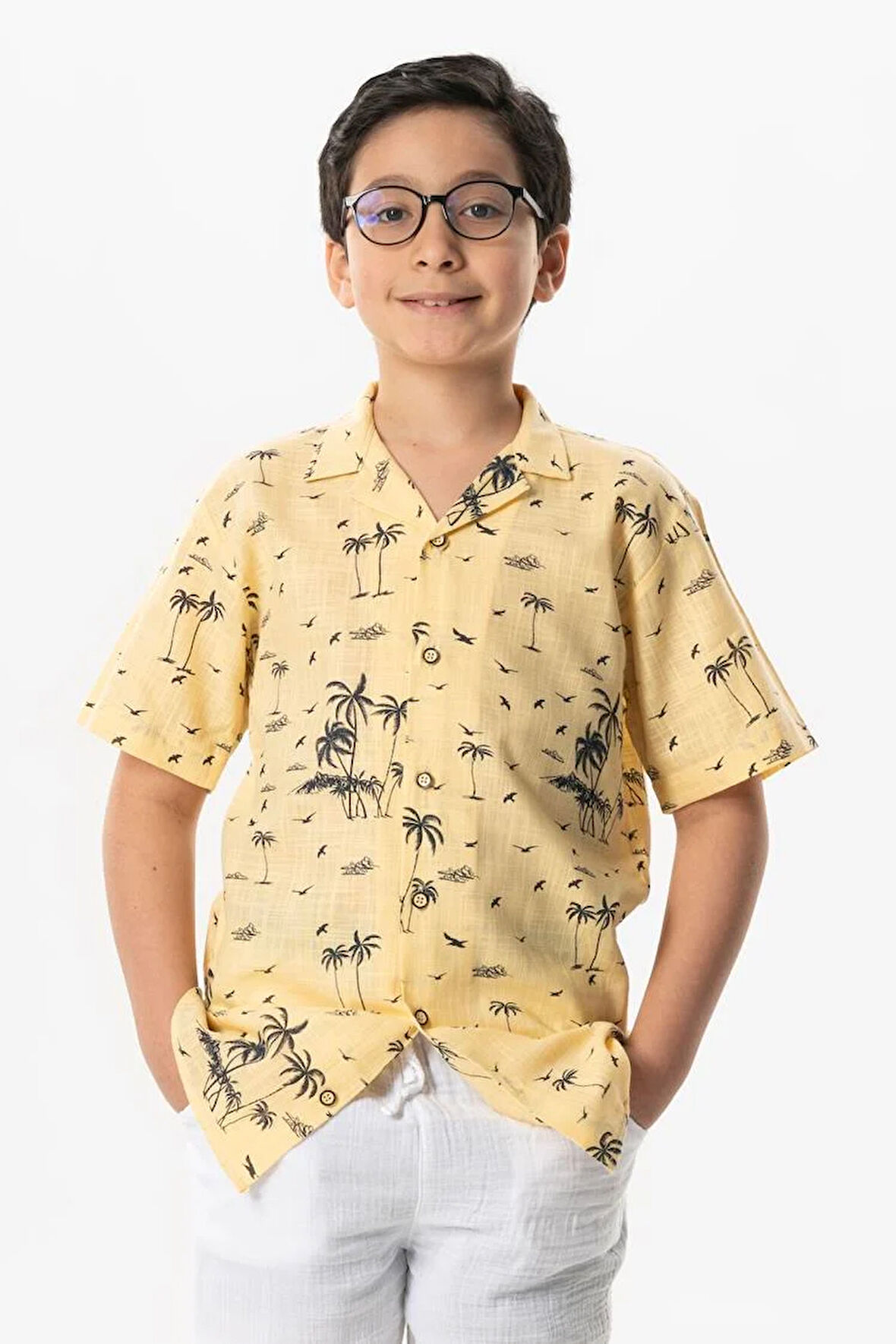 Kısa Kol Şile Bezi Baskılı Çocuk Yazlık Gömlek Sarı Sarı