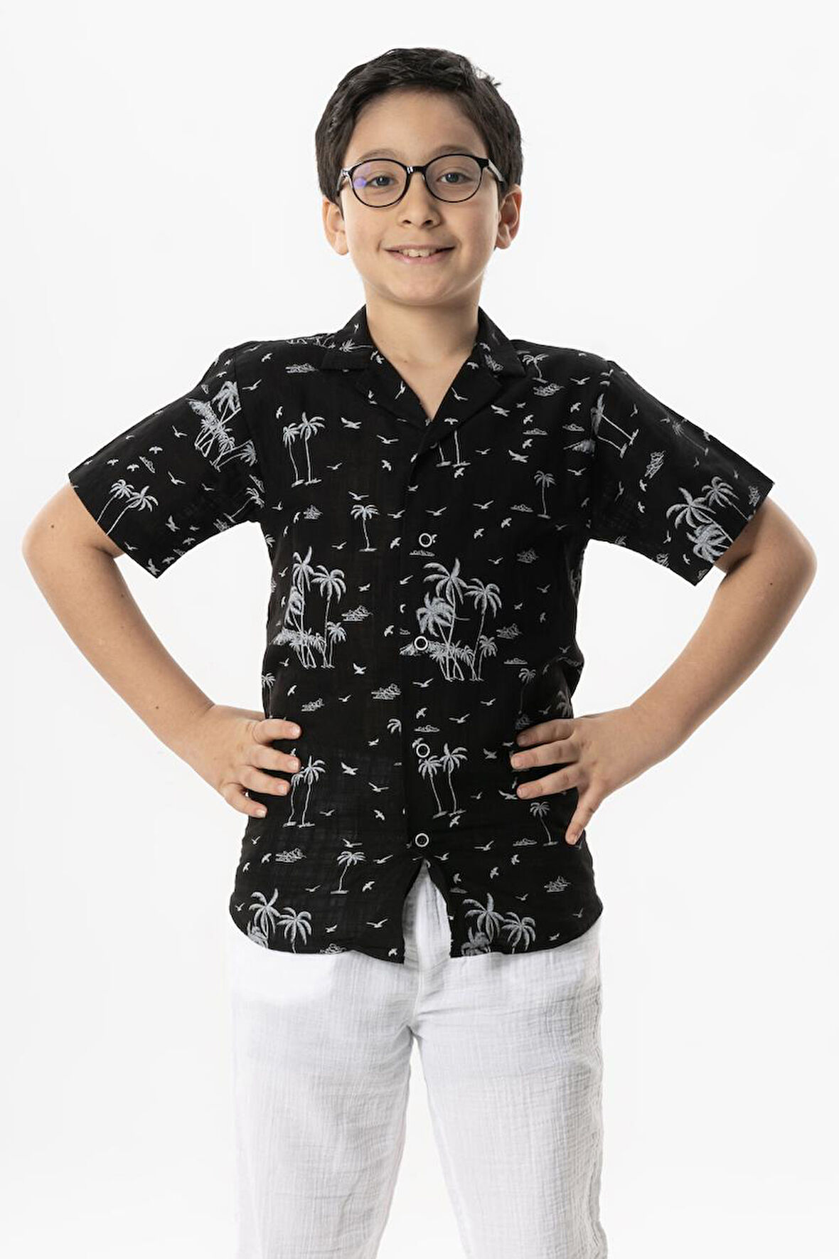 Kısa Kol Şile Bezi Baskılı Çocuk Yazlık Gömlek Siyah Syh